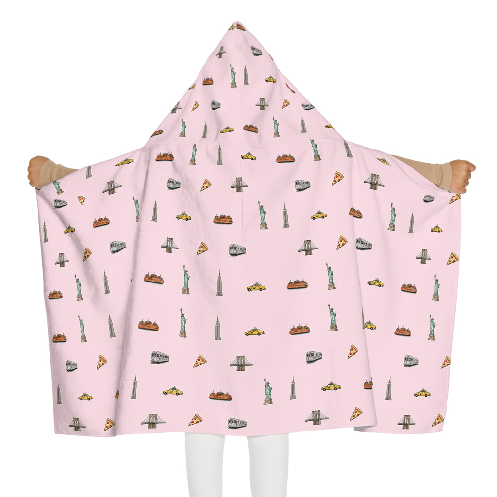 Icons of New York City Pink Hooded Kids Towel — Statue of Liberty, Pizza & Skyline Childrens Towel