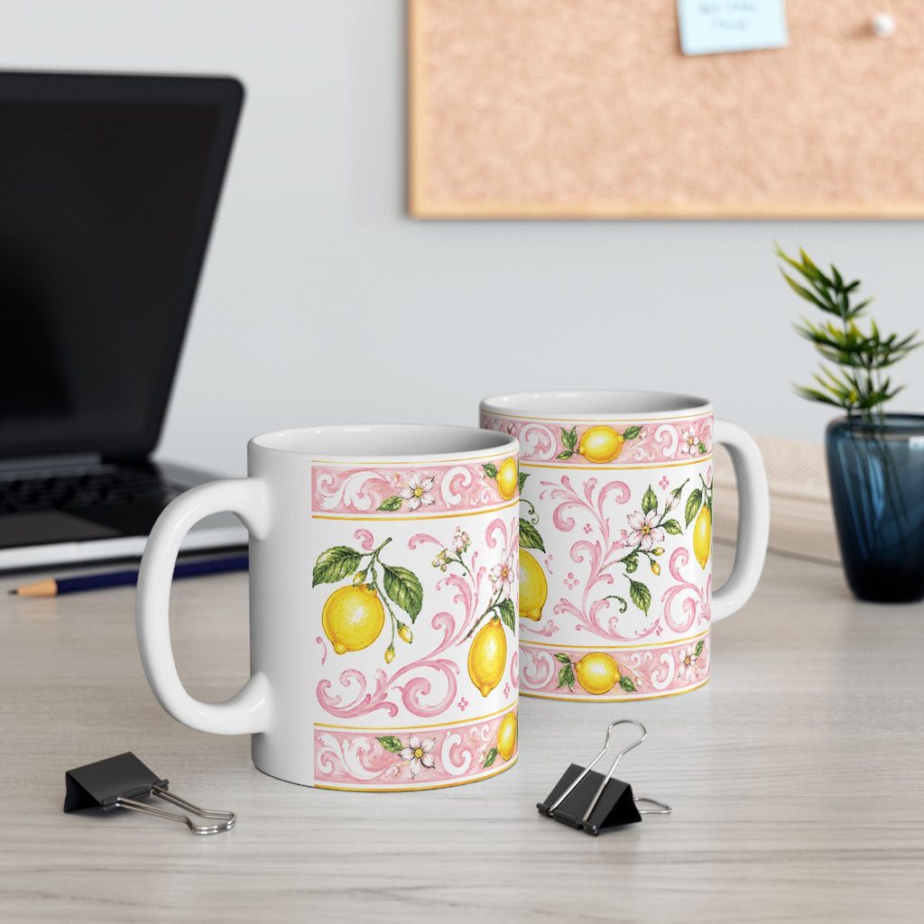 Little Italy Amalfi Pink with Lemon Mug — Italian Mediterranean Pattern Coffee Cup (11oz)