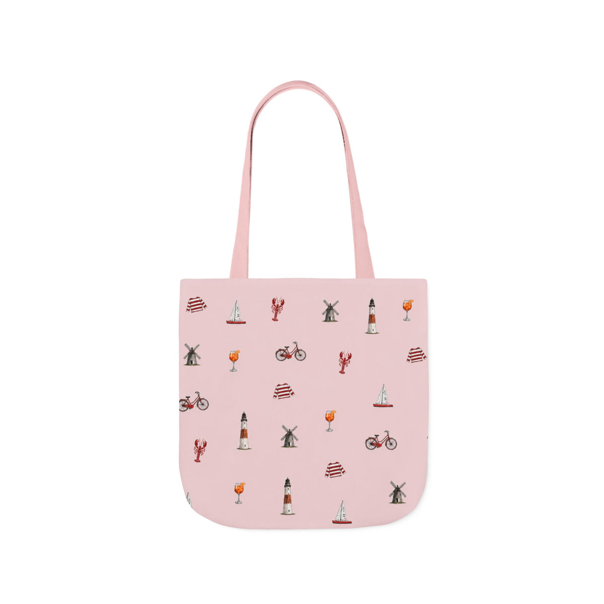 Icons of The Hamptons Pink Canvas Tote — Lighthouse, Windmill, Lobster Sailboat Icons