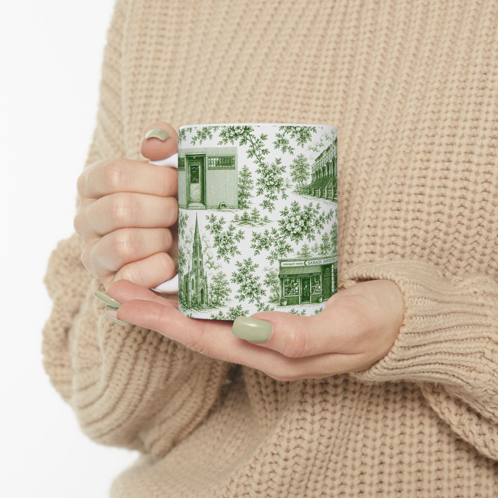 Cobble Hill Green Toile de Jouy Mug | NYC Chinoiserie Ceramic Coffee Cup