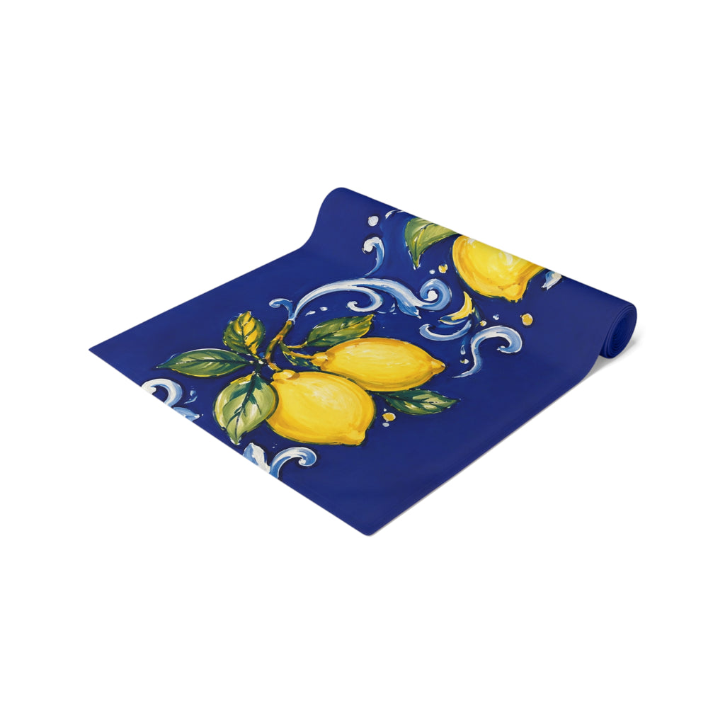 Little Italy Amalfi Blue with Lemon Table Runner – Mediterranean Blue & Yellow Dining Decor