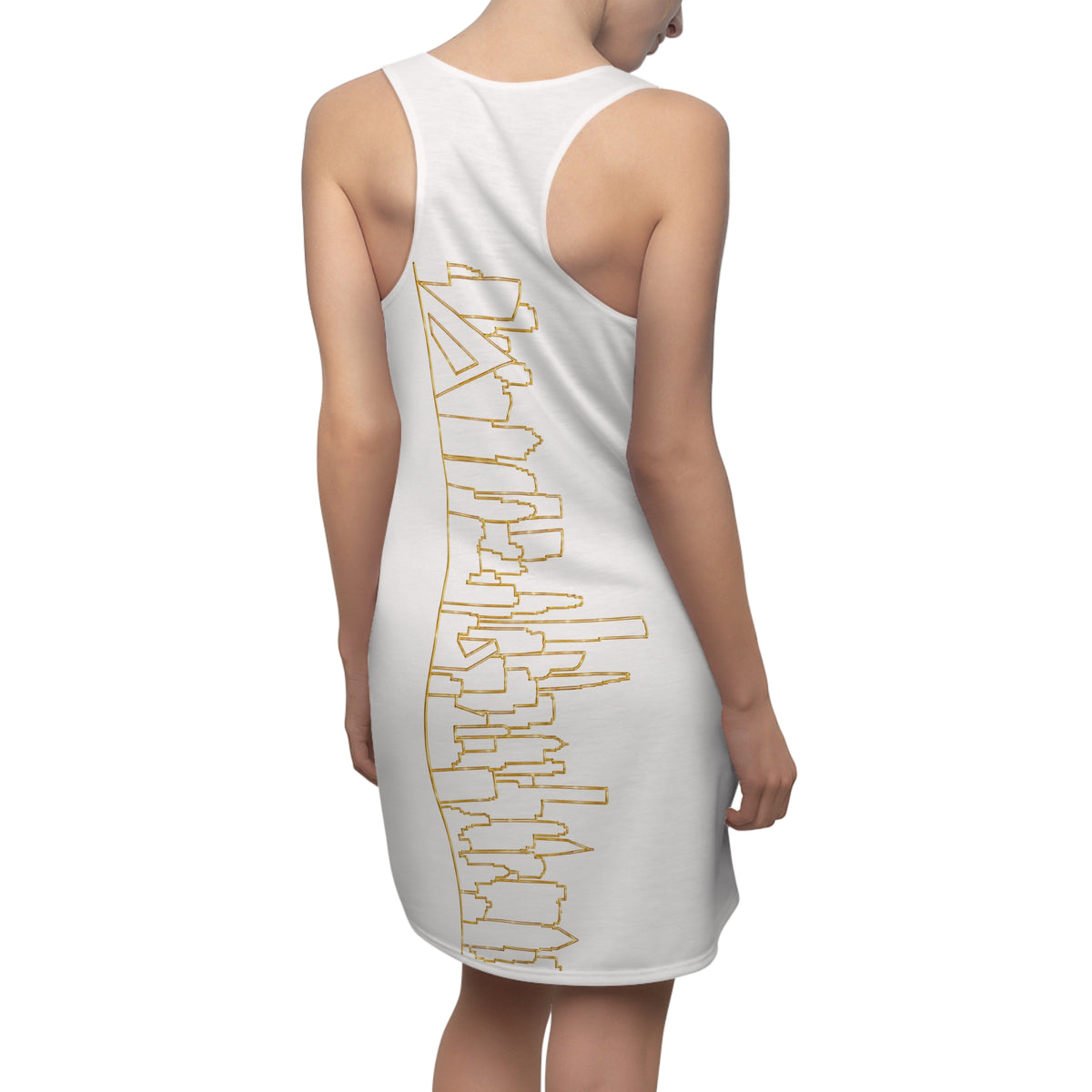 Manhattan Gold Skyline on White Racerback Dress — View from Queens and New Jersey Swim Cover