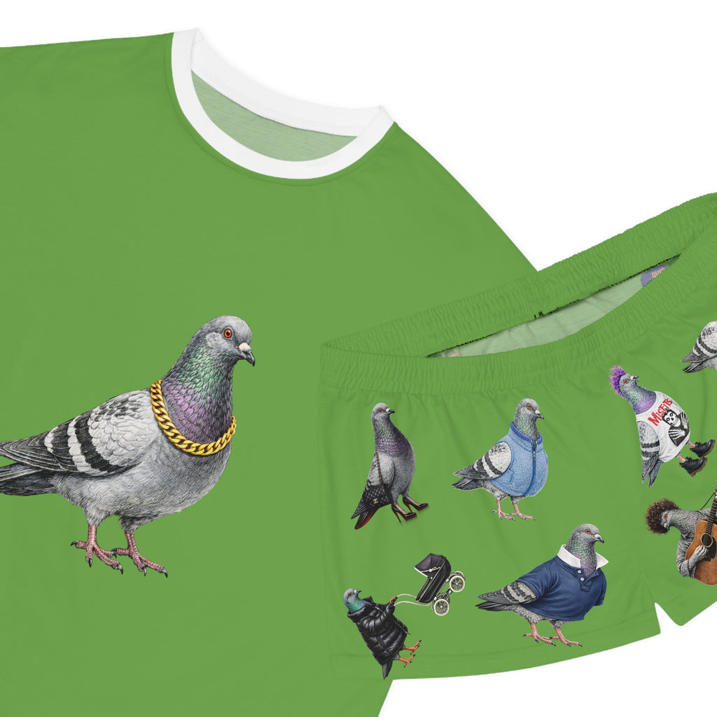 Green NYC Pigeon Pattern Short Pajama Set | New York City Bird Lovers PJs Cozy Sleepwear