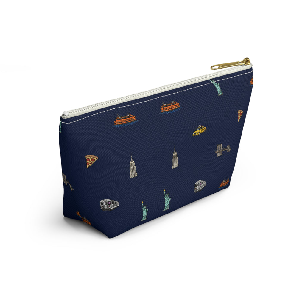 Icons of New York City Navy Blue Accessory Pouch — T-Bottom Makeup Bag with Statue of Liberty, Taxi & Pizza Pattern