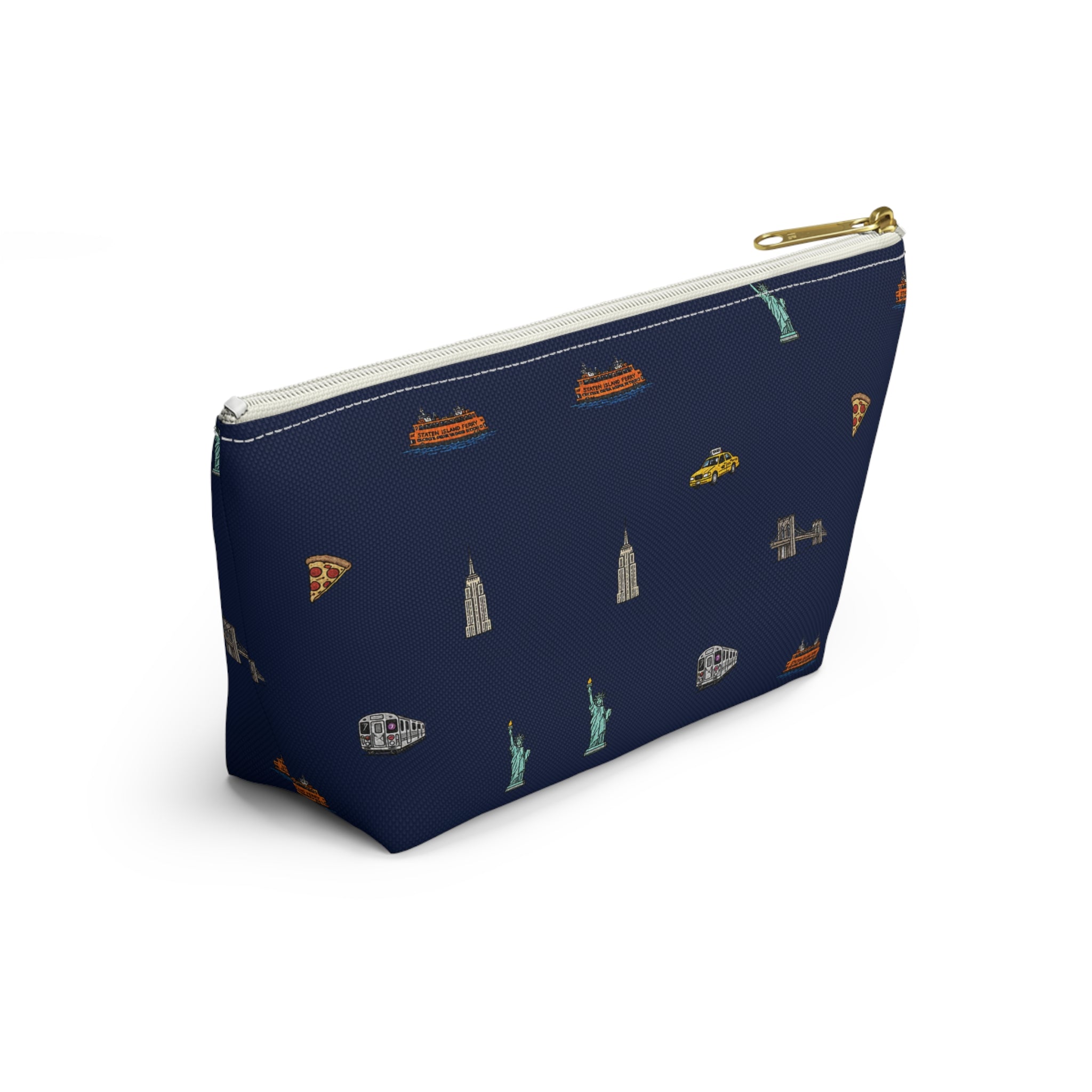 Icons of New York City Navy Blue Accessory Pouch — T-Bottom Makeup Bag with Statue of Liberty, Taxi & Pizza Pattern