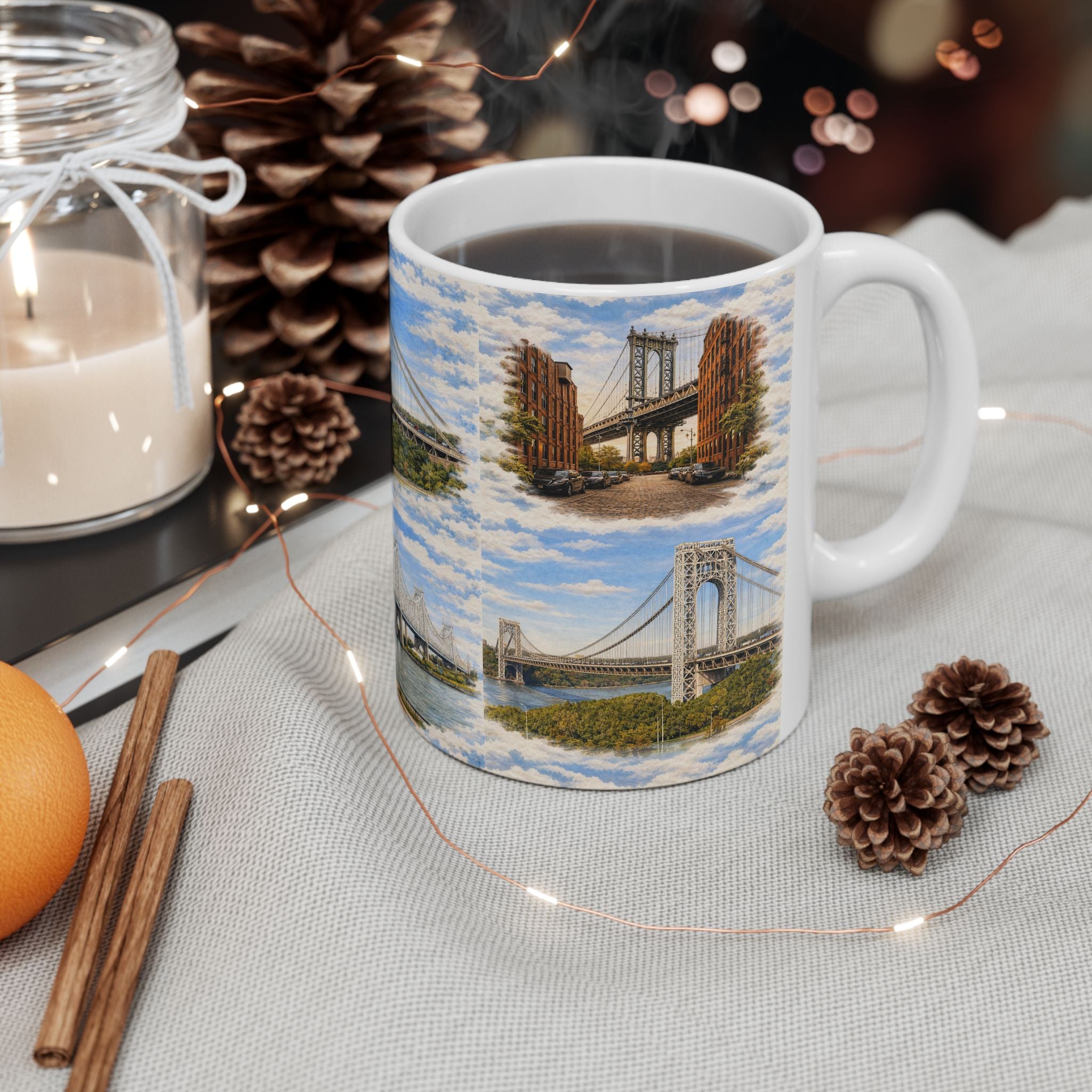 The Bridges of New York County Toile Mug | NYC Bridges Ceramic Coffee Mug