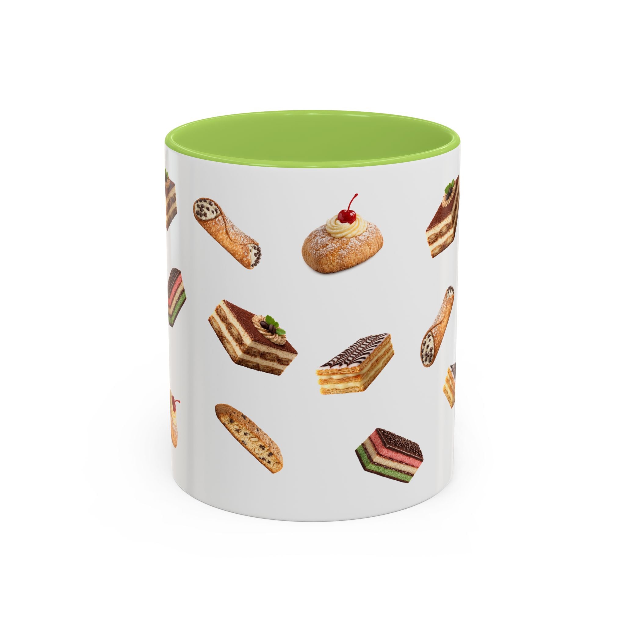 NYC Italian Bakery Pattern Accent Mug | Cannoli Rainbow Cookie Zeppoli Tiramisu Biscotti Napoleon 11oz Ceramic Coffee Cup