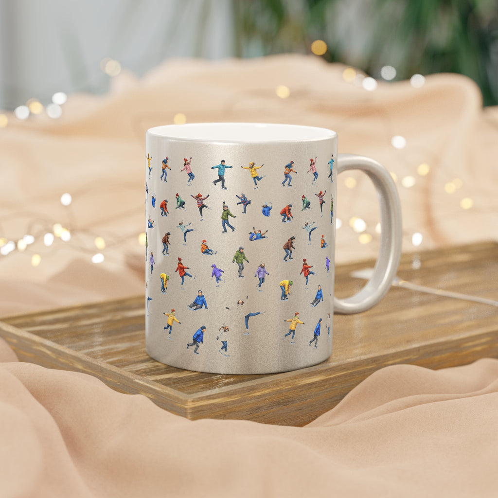 Ice Skaters on Ice Silver Metallic Mug | Winter Wonderland Hot Chocolate Coffee Sparkle Mug