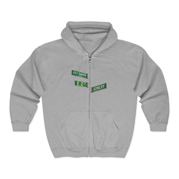East Village Street Sign Zip Up Hoodie | New York City LES Joey Ramone Place Bowery Hooded Sweatshirt