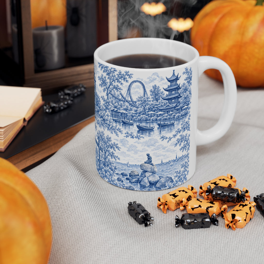 Copenhagen Blue Toile de Jouy Ceramic Coffee Mug (11 oz, Ships from Europe)