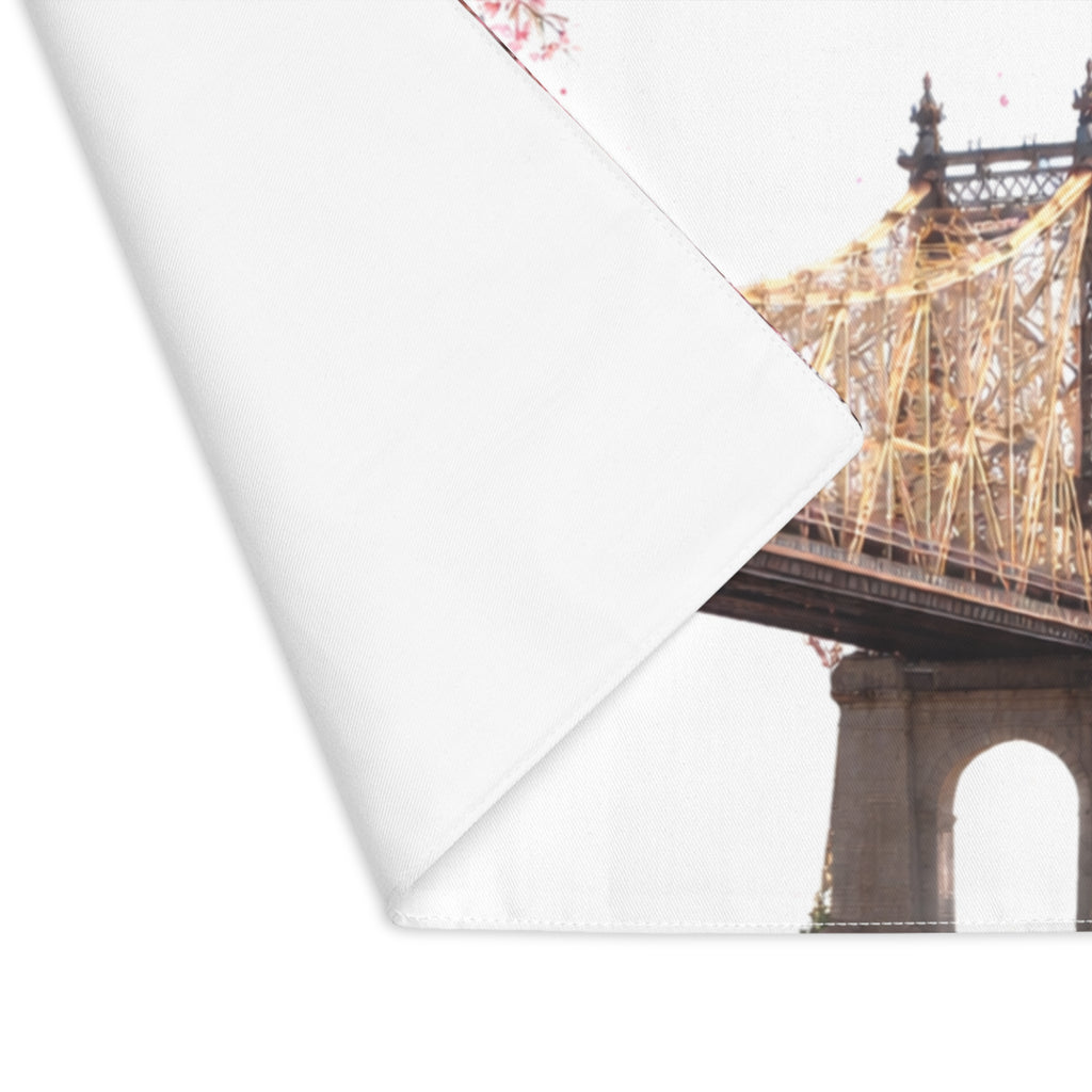 Cherry Blossoms Framing Queensboro Bridge Tabletop Placemat — NYC Roosevelt Island Floral Sakura Table Mat