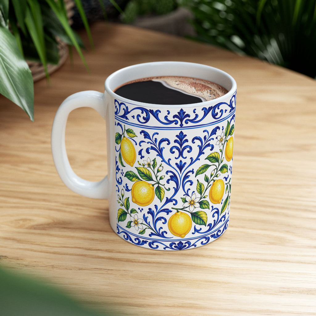 Little Italy Amalfi Blue and White with Lemon Mug — Italian Mediterranean Pattern Coffee Cup (11oz)