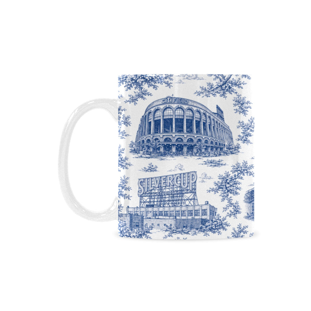 Queens Blue Toile de Jouy Mug | New York City Chinoiserie Ceramic Coffee Cup Custom White Mug (11oz)