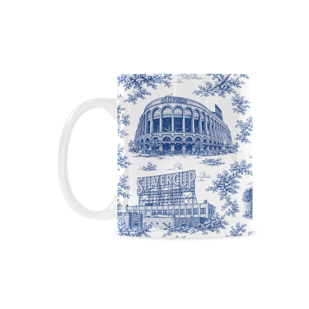 Queens Blue Toile de Jouy Mug | New York City Chinoiserie Ceramic Coffee Cup Custom White Mug (11oz)