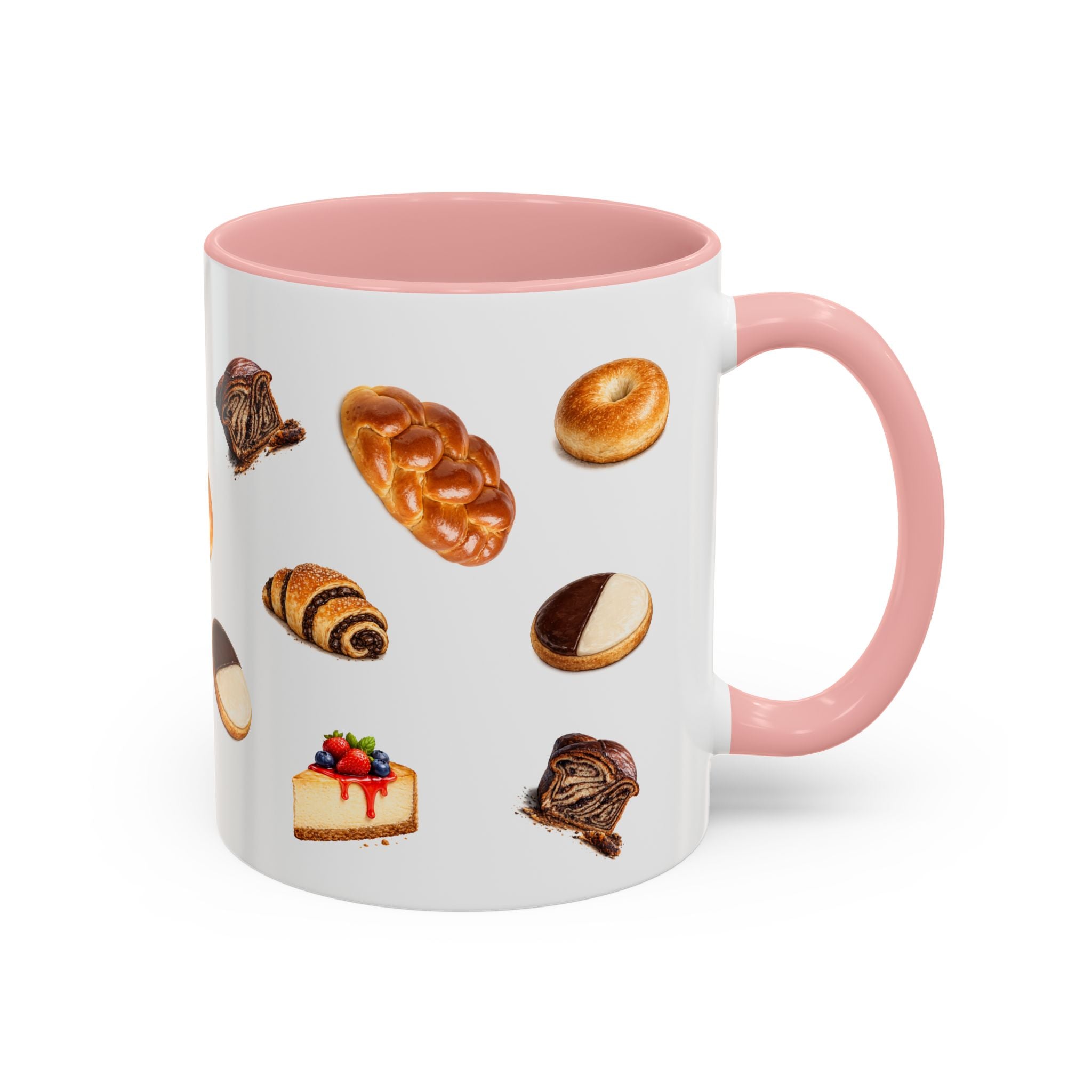 NYC Kosher Bakery Pattern Accent Mug | Babka Cheesecake Rugelach Black + White Cookie Challah Bagel 11oz Ceramic Coffee Cup