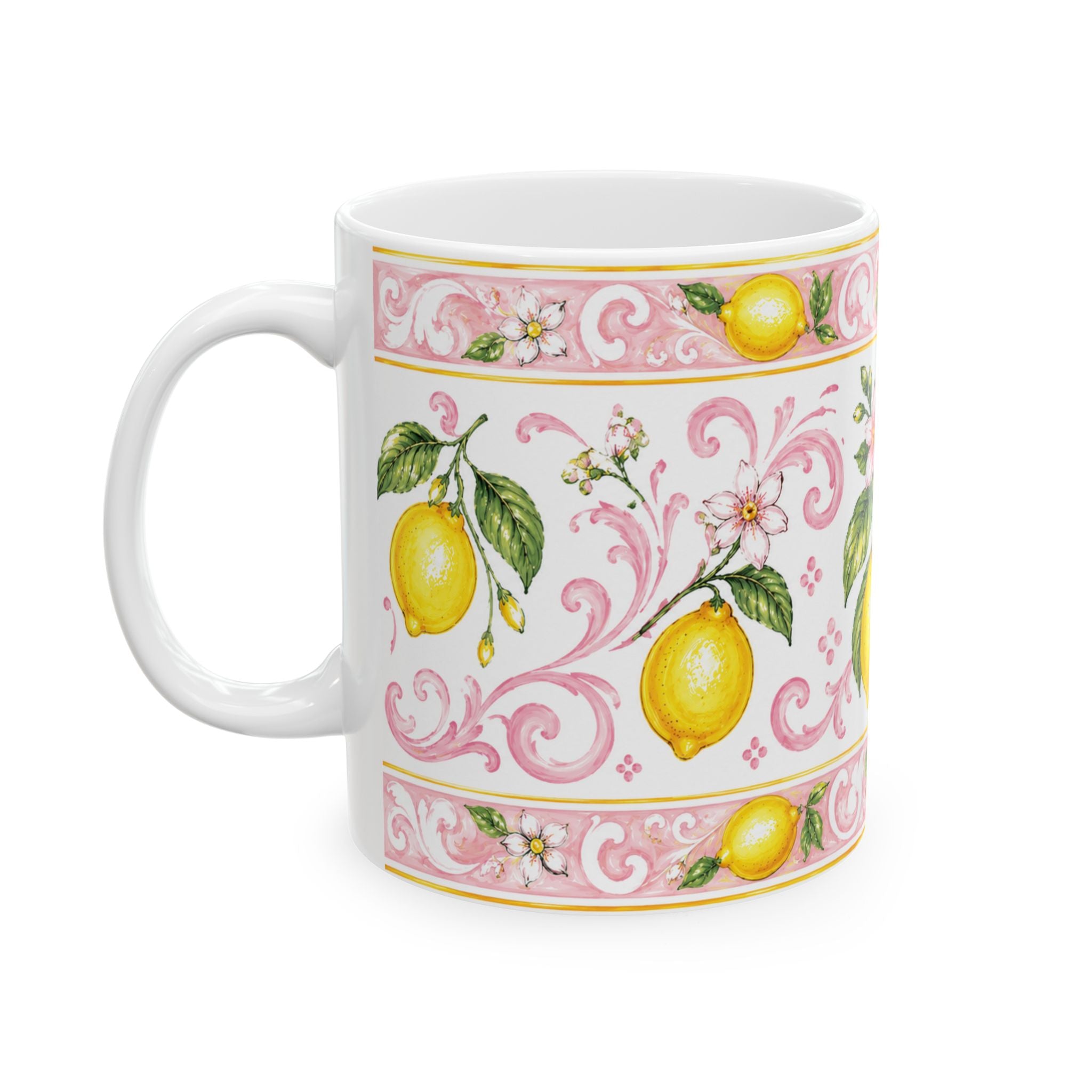 Little Italy Amalfi Pink with Lemon Mug — Italian Mediterranean Pattern Coffee Cup (11oz)