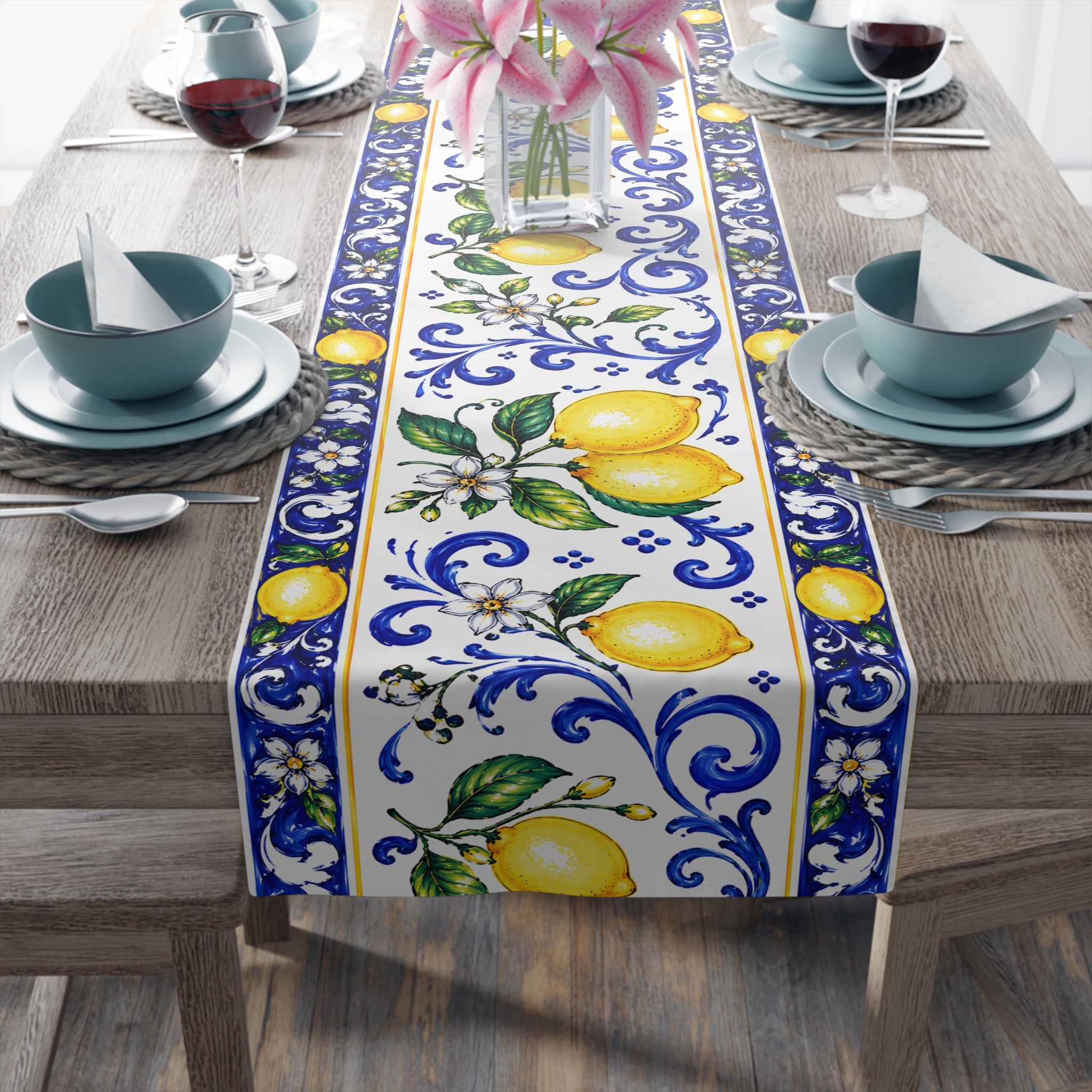 Little Italy Amalfi Blue and White with Lemon Table Runner – Mediterranean Blue & Yellow Dining Decor