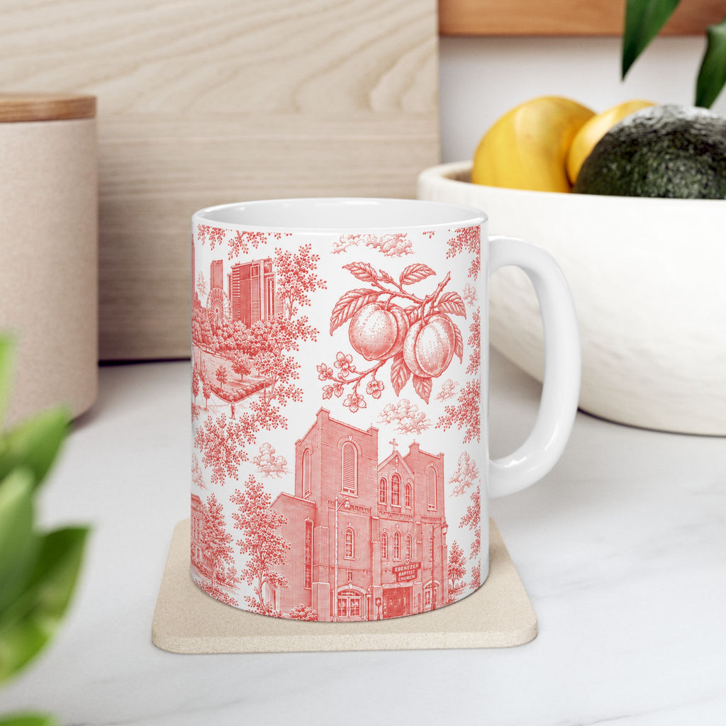 Atlanta Red Toile de Jouy Ceramic Mug — Atlanta, Georgia Skyline & Capitol Illustration (11oz)