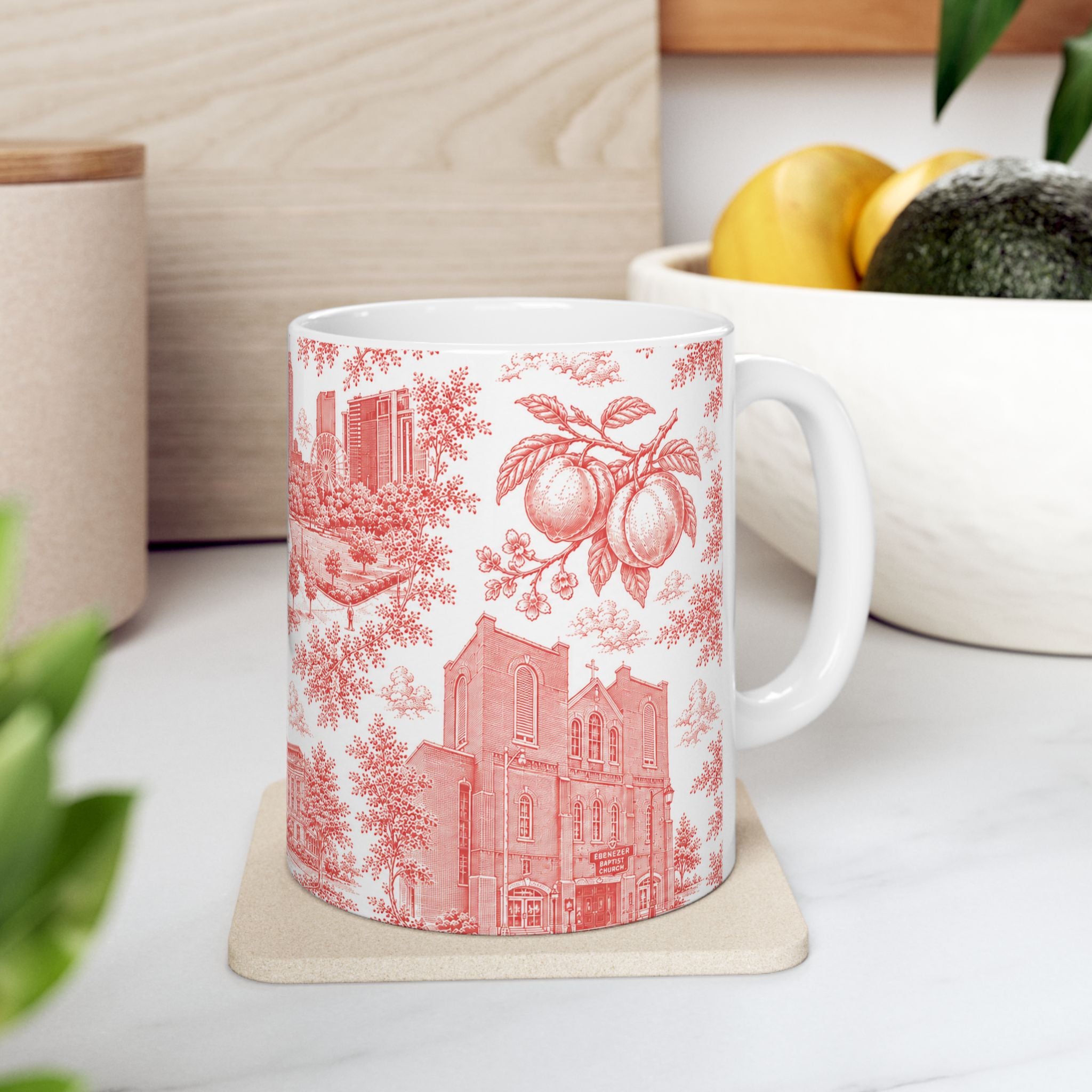 Atlanta Red Toile de Jouy Ceramic Mug — Atlanta, Georgia Skyline & Capitol Illustration (11oz)