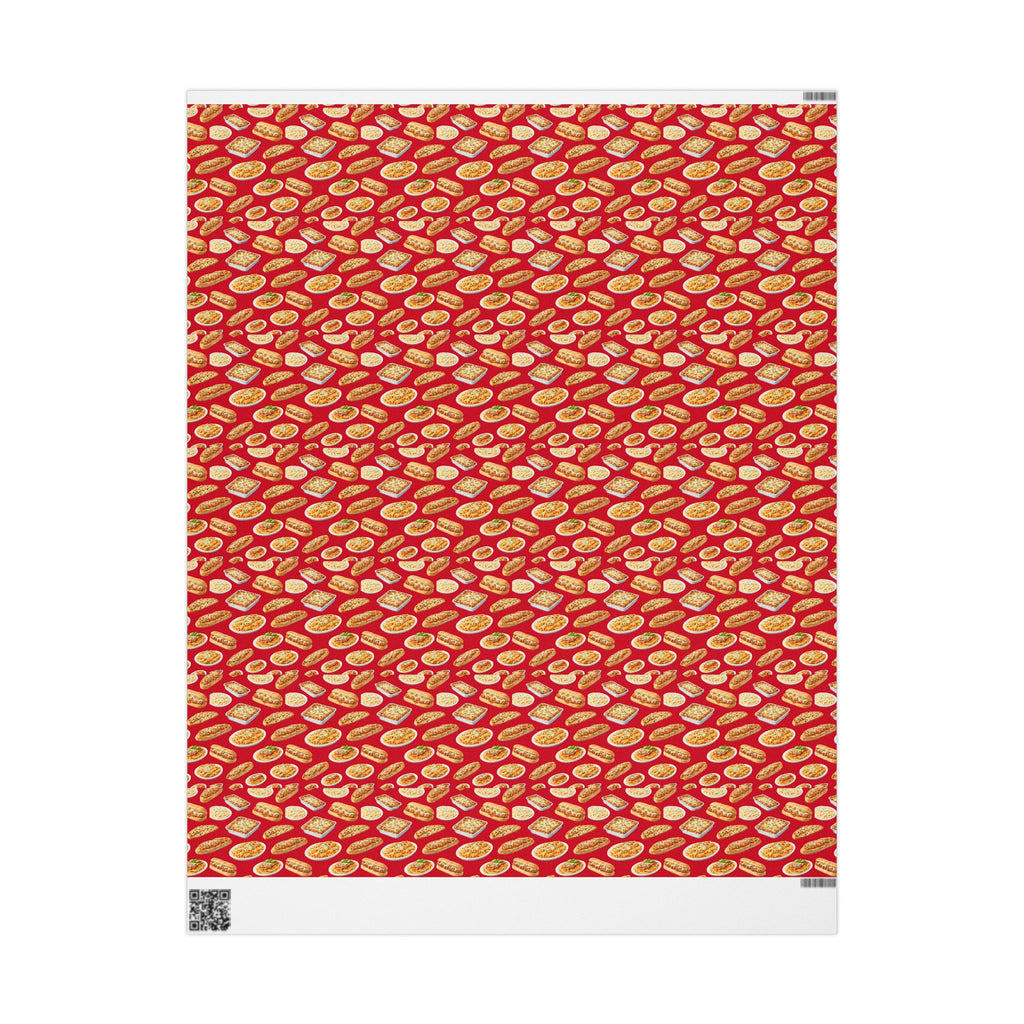 Italian Food Pattern Red Gift Wrap Paper | Pasta Spaghetti Rigatoni Meatball Sub Wrapping Paper Roll, Foodie Party Wrap