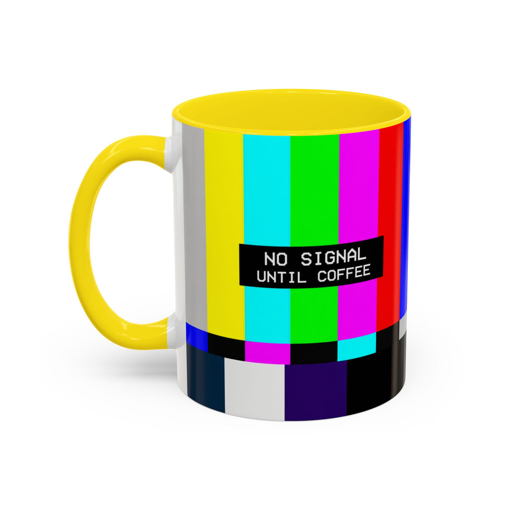 "No Signal Until Coffee" Accent Mug —  TV Rainbow Test Pattern Coffee Mug