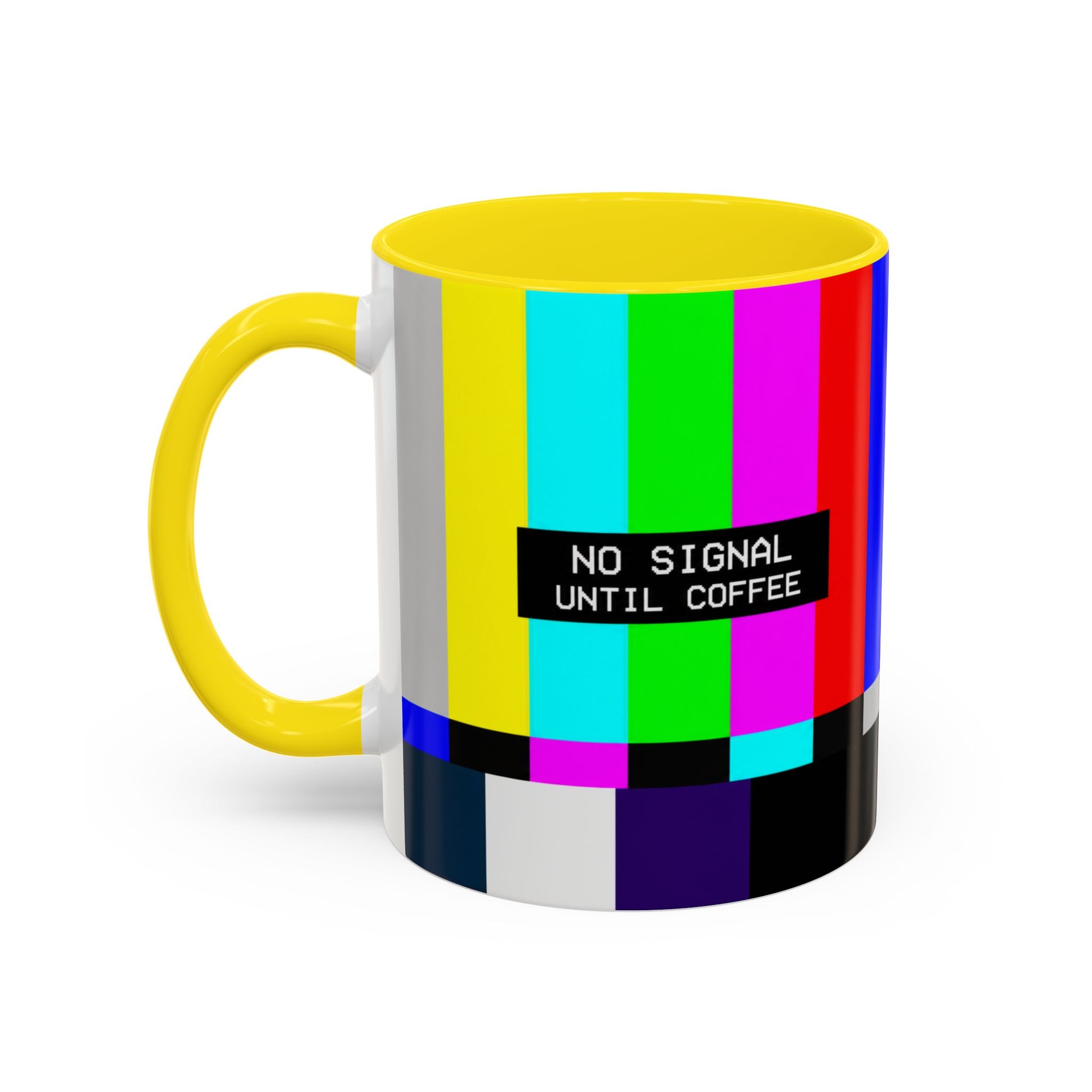 "No Signal Until Coffee" Accent Mug —  TV Rainbow Test Pattern Coffee Mug