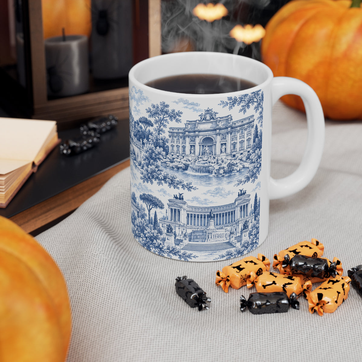 Rome Blue Toile de Jouy Ceramic Mug — (11oz; Ships from Europe)