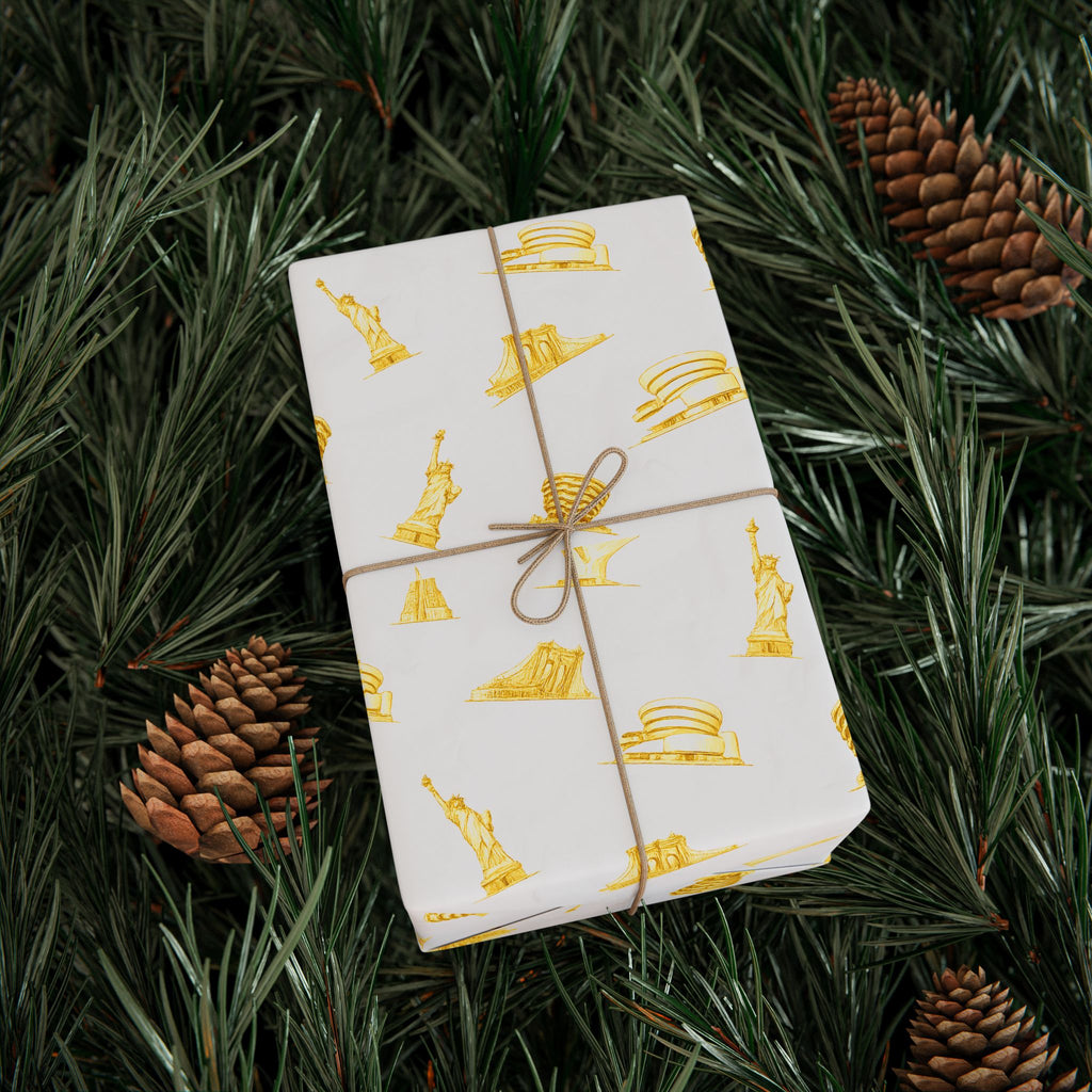 Gold NYC Landmarks on White Gift Wrap Paper | New York Statue of Liberty Oculus Vessel Brooklyn Bridge Guggenheim Wrapping Paper Roll