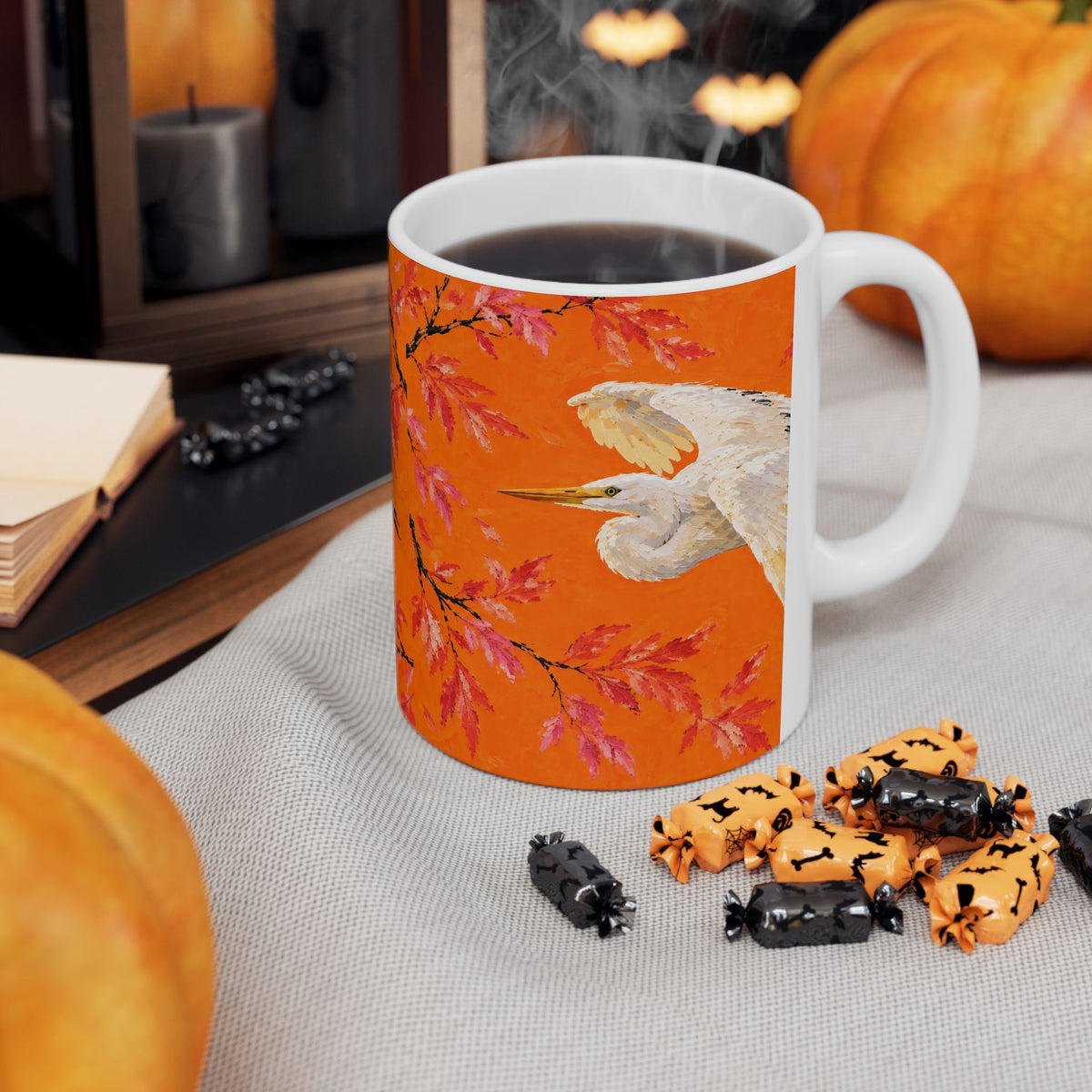 Jamaica Bay Great Egret Ceramic Mug — Orange Coffee or Tea Cup (11oz)