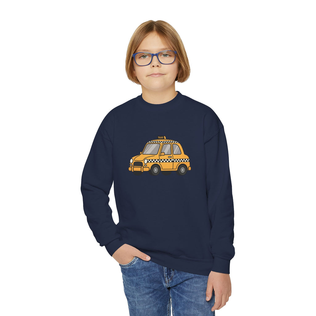 Sudadera infantil con cuello redondo Taxi Cab NYC — Suéter infantil con estampado gráfico de taxi a cuadros amarillo de dibujos animados