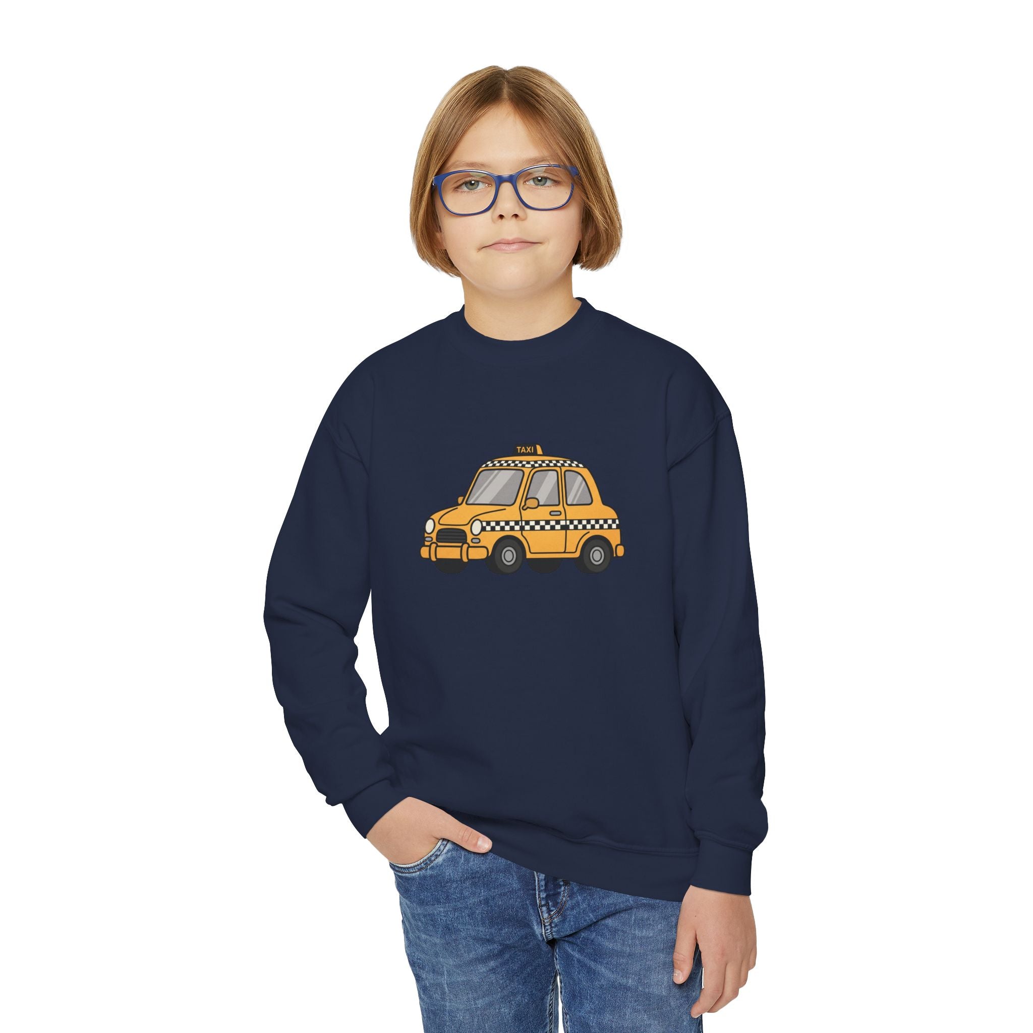 Taxi Cab NYC Kids Crewneck Sweatshirt — Yellow Checkered Taxi Cab Cartoon Graphic Childrens Sweater