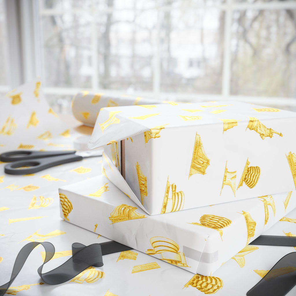 Gold NYC Landmarks on White Gift Wrap Paper | New York Statue of Liberty Oculus Vessel Brooklyn Bridge Guggenheim Wrapping Paper Roll