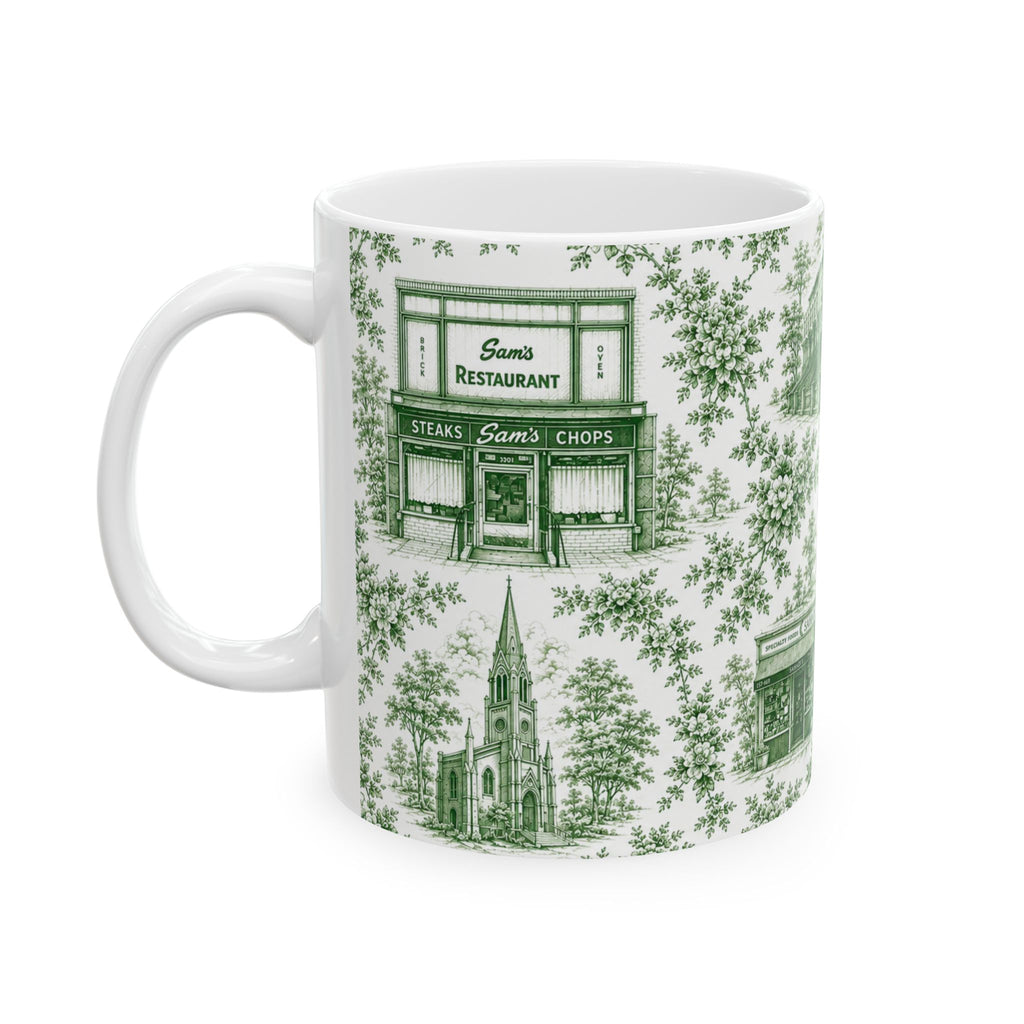 Cobble Hill Green Toile de Jouy Mug | NYC Chinoiserie Ceramic Coffee Cup