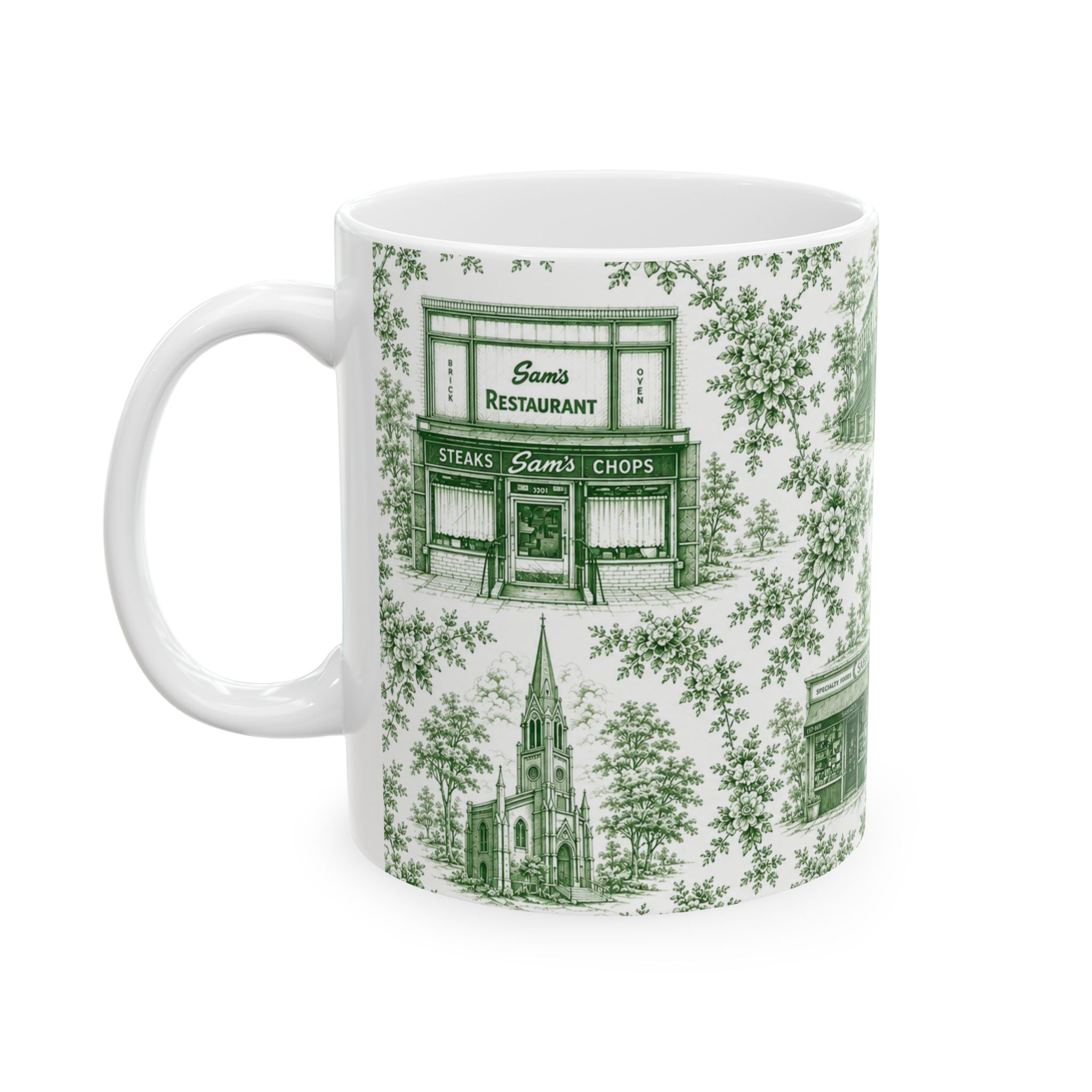 Cobble Hill Green Toile de Jouy Mug | NYC Chinoiserie Ceramic Coffee Cup