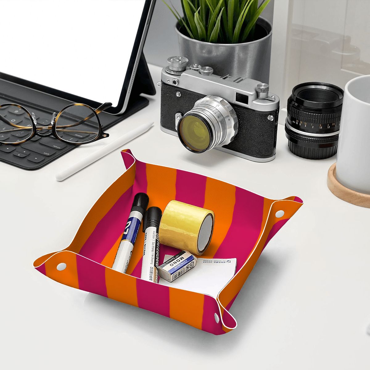 Bright Orange and Pink Stripes PVC Leather Mahjong Dice Tray