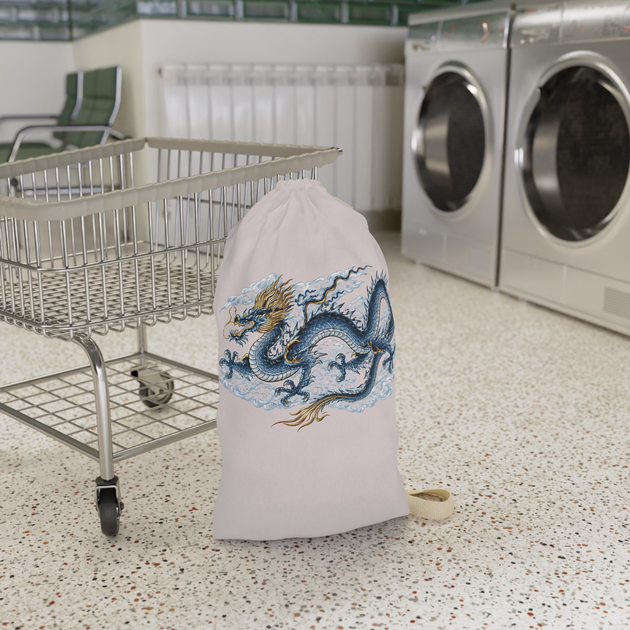 Chinatown Dragon Laundry Bag —  Blue Dragon Drawstring Hampers for Dorms & Travel