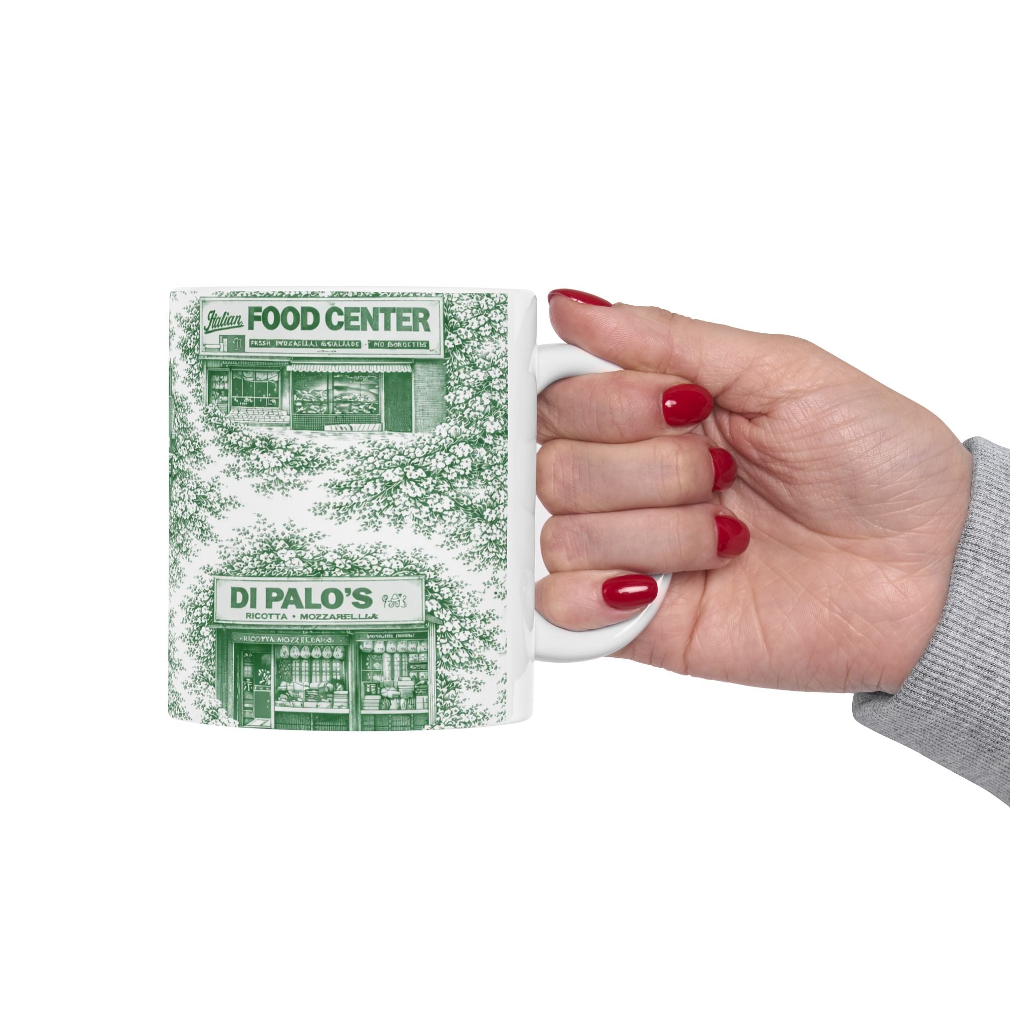 Little Italy Green Toile Cityscape Mug | NYC Chinoiserie Ceramic Coffee Cup