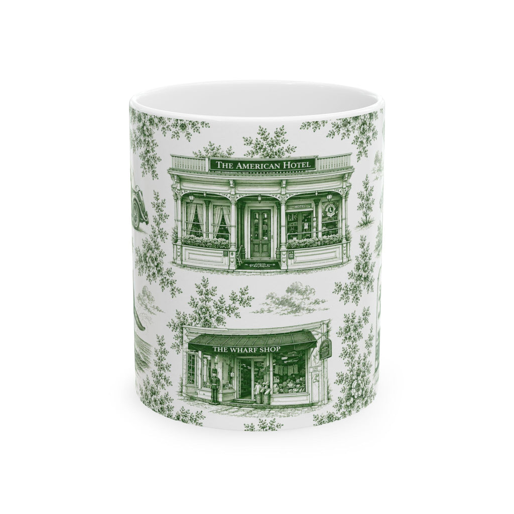 Sag Harbor Green Toile de Jouy Mug | Hamptons Chinoiserie Ceramic Coffee Cup