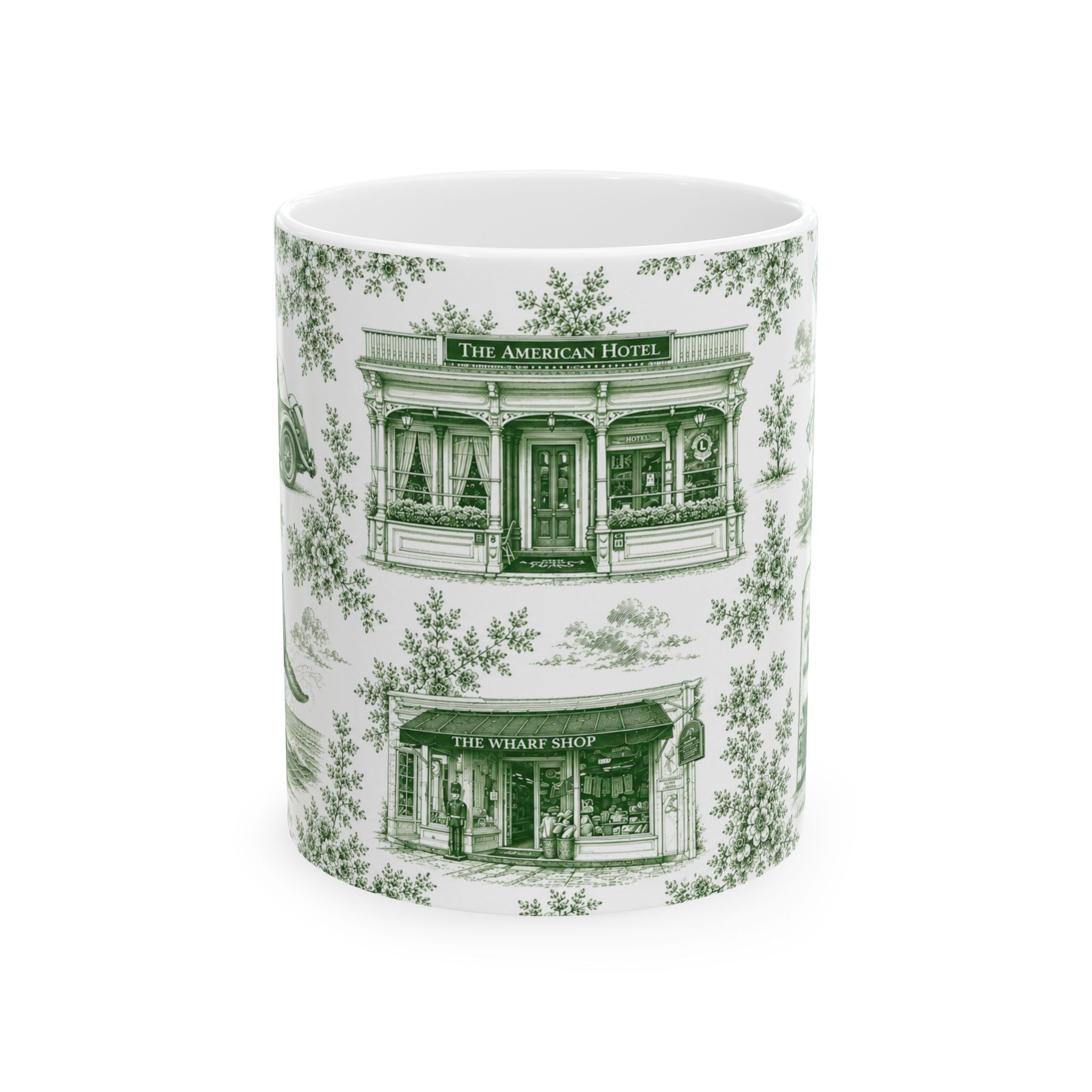 Sag Harbor Green Toile de Jouy Mug | Hamptons Chinoiserie Ceramic Coffee Cup