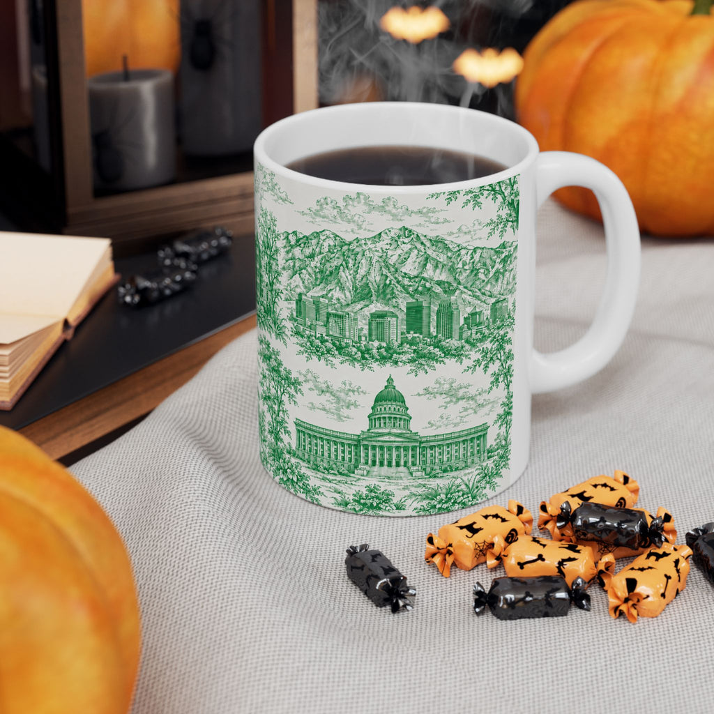 Salt Lake City Green Toile de Jouy Mug —  Ceramic Coffee Cup (11oz)
