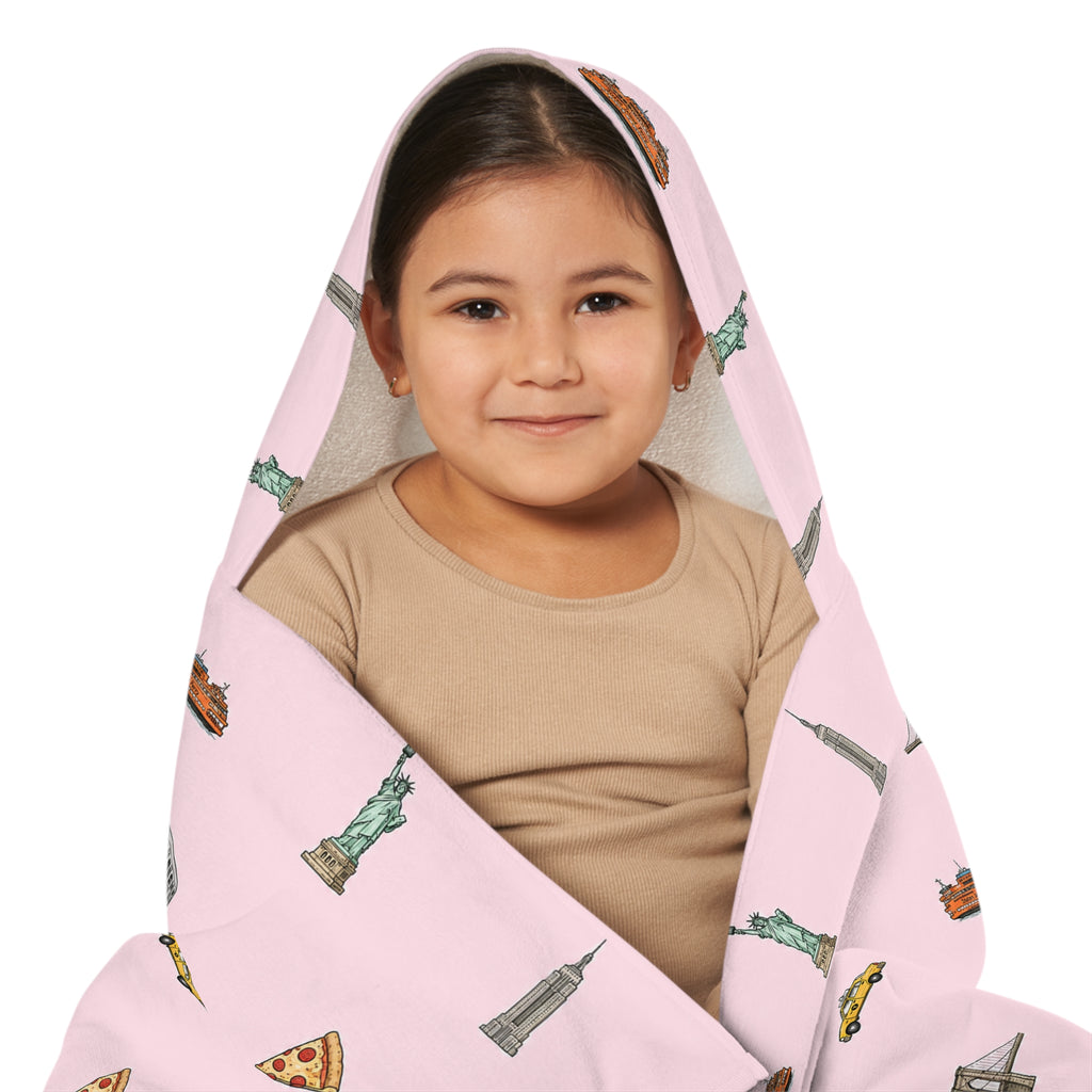 Icons of New York City Pink Hooded Kids Towel — Statue of Liberty, Pizza & Skyline Childrens Towel