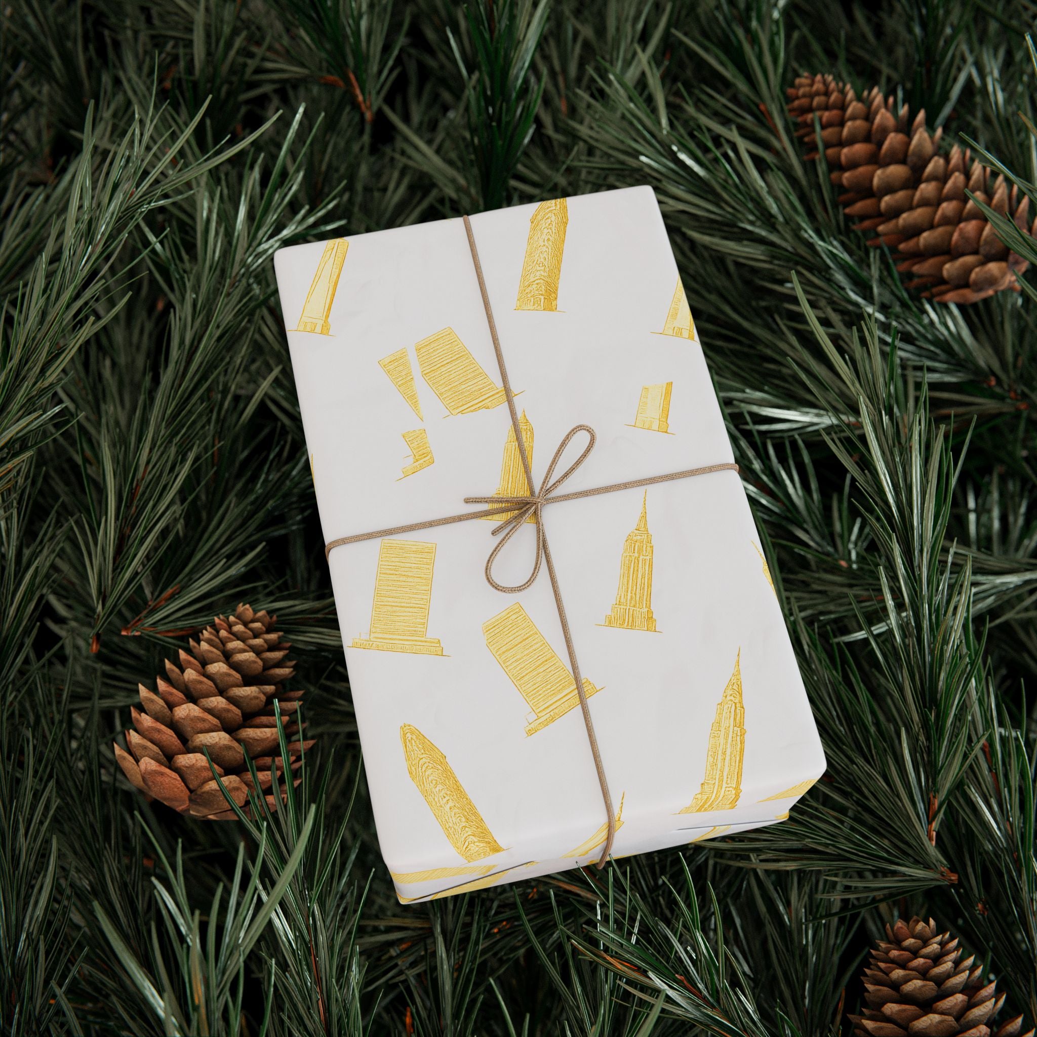 NYC Architecture Gold Pattern Gift Wrap Paper | Iconic New York Buildings Empire State Chrysler Flatiron Wrapping Paper