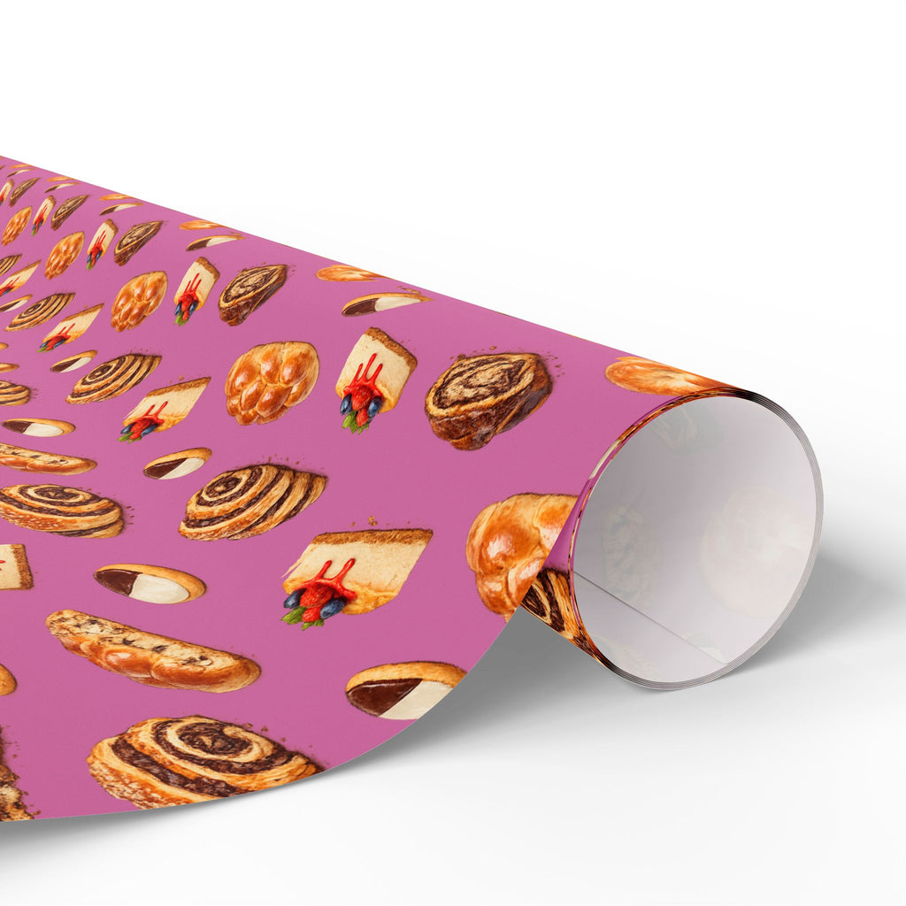 Kosher Bakery Pastries Pattern Pink Gift Wrap Paper | Bagels Challah Cheesecake Roll Gift Wrapping Paper