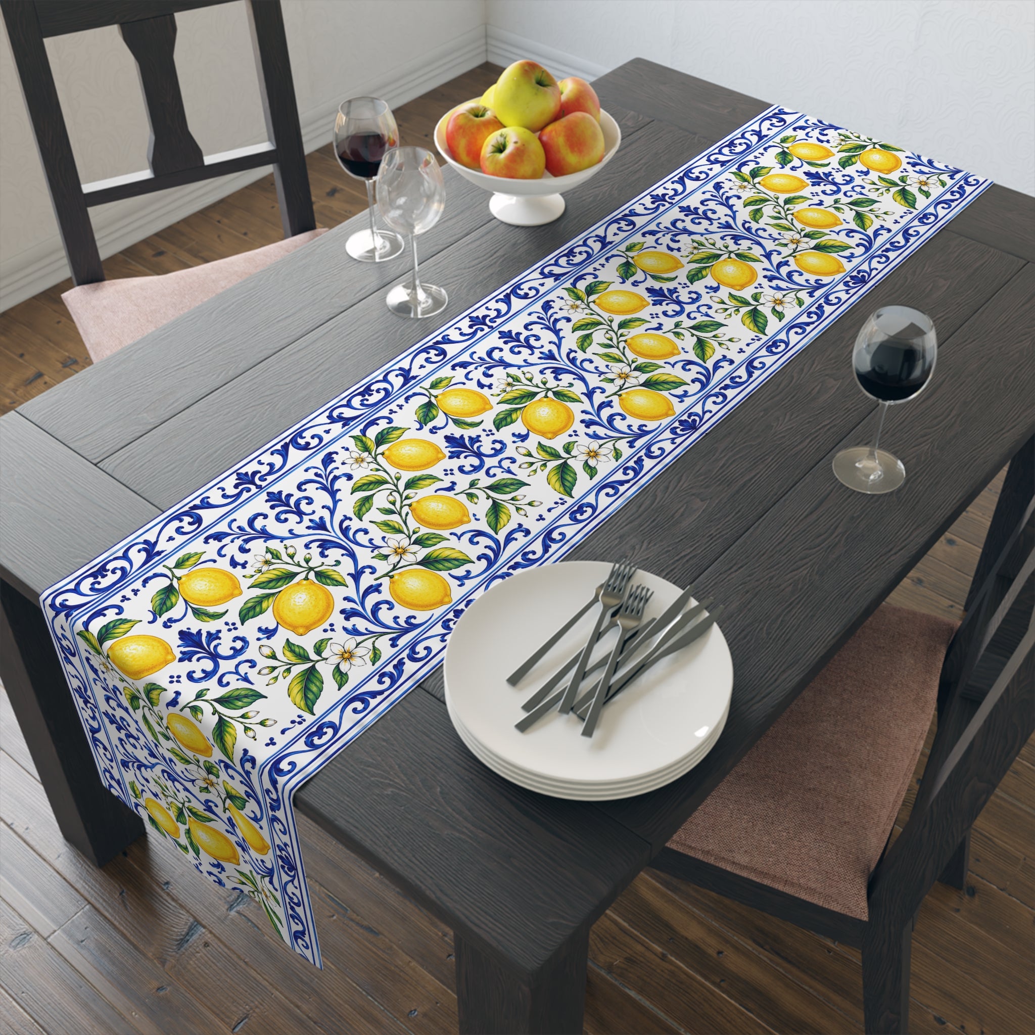 Little Italy Amalfi Blue and White with Lemon Table Runner – Mediterranean Blue & Yellow Dining Decor