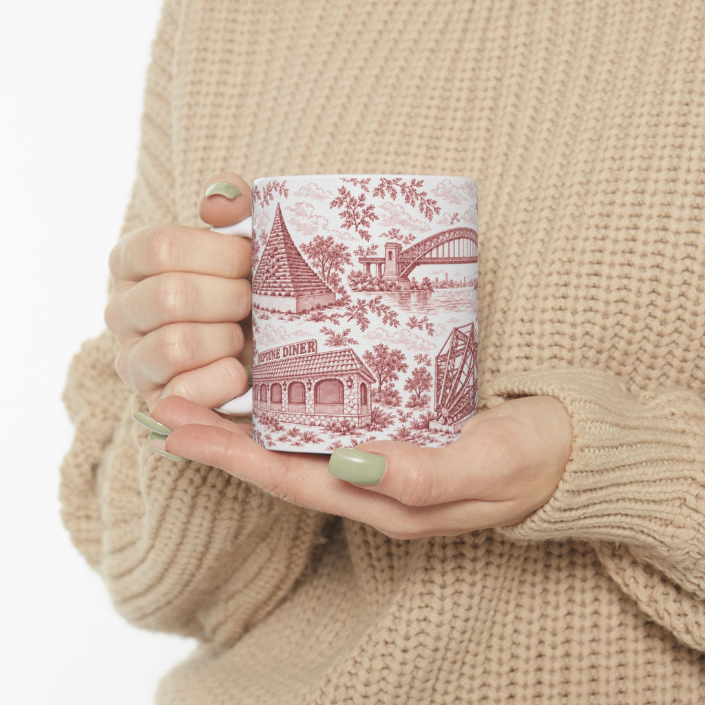 Astoria Red Toile Cityscape Ceramic Mug — 11oz Decorative Coffee Cup