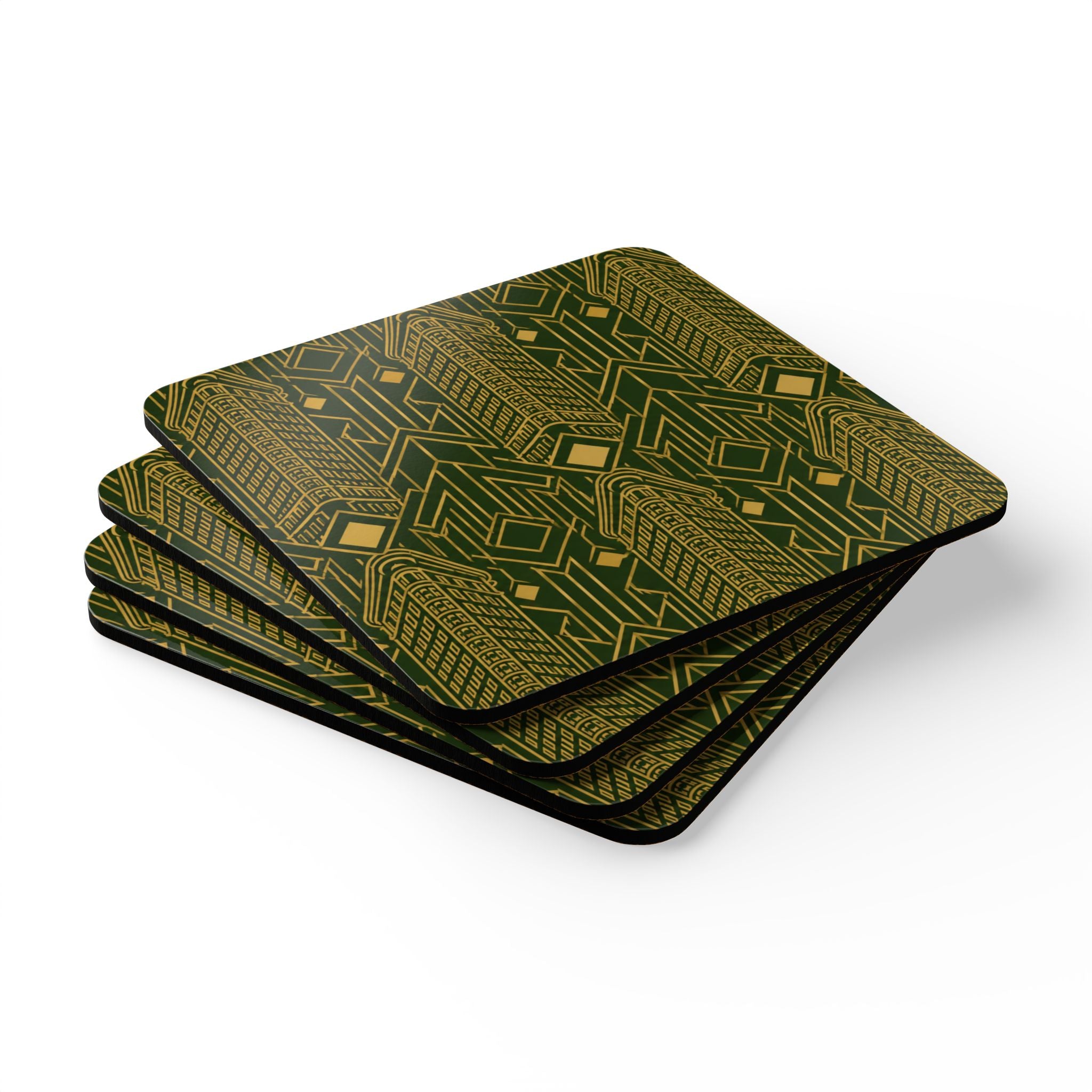 Art Deco Flatiron Building Gold & Green Cork Coaster Set — Geometric Cocktail Coasters Set of 4