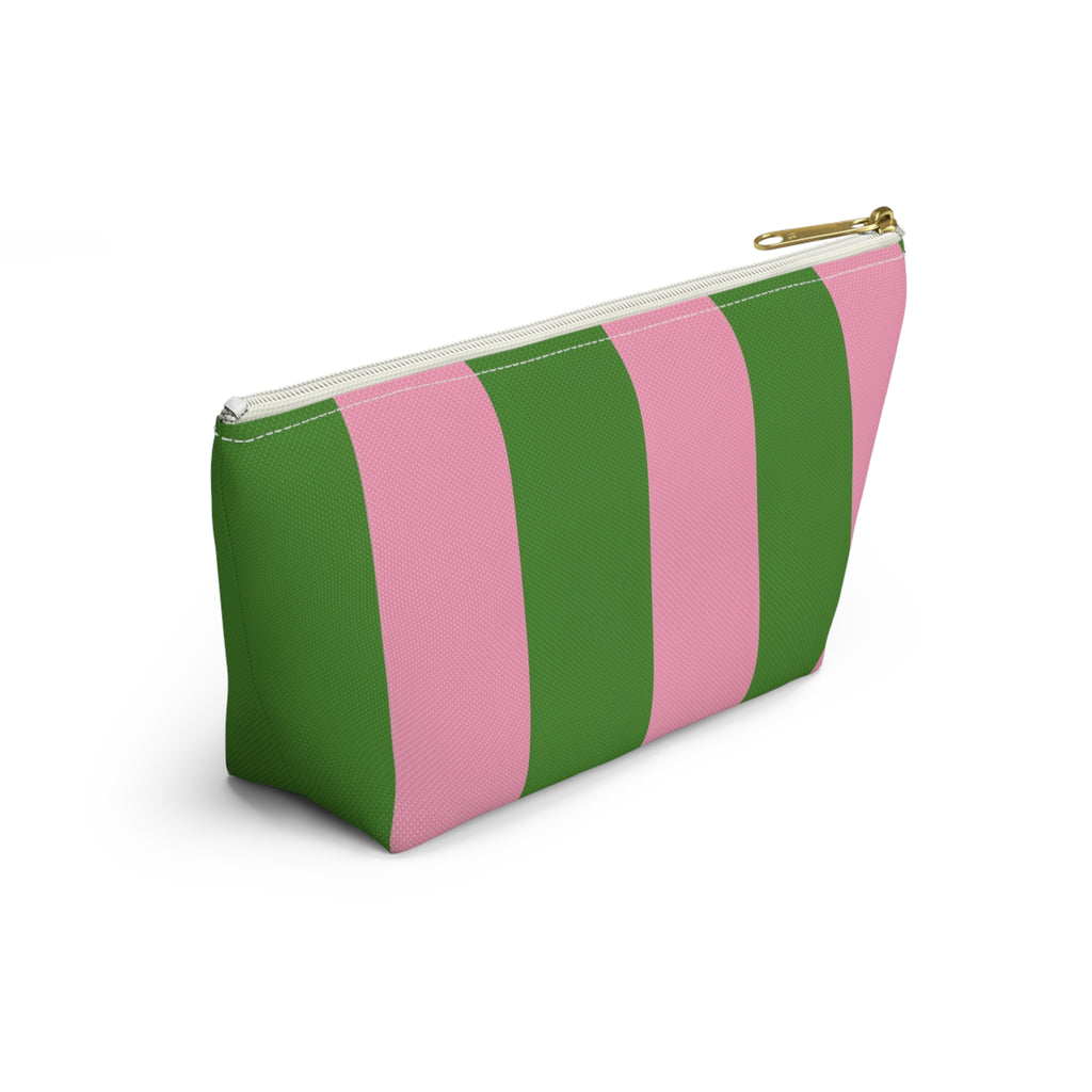 Customizable Striped Accessory Pouch — Pink & Green T-Bottom Makeup Bag