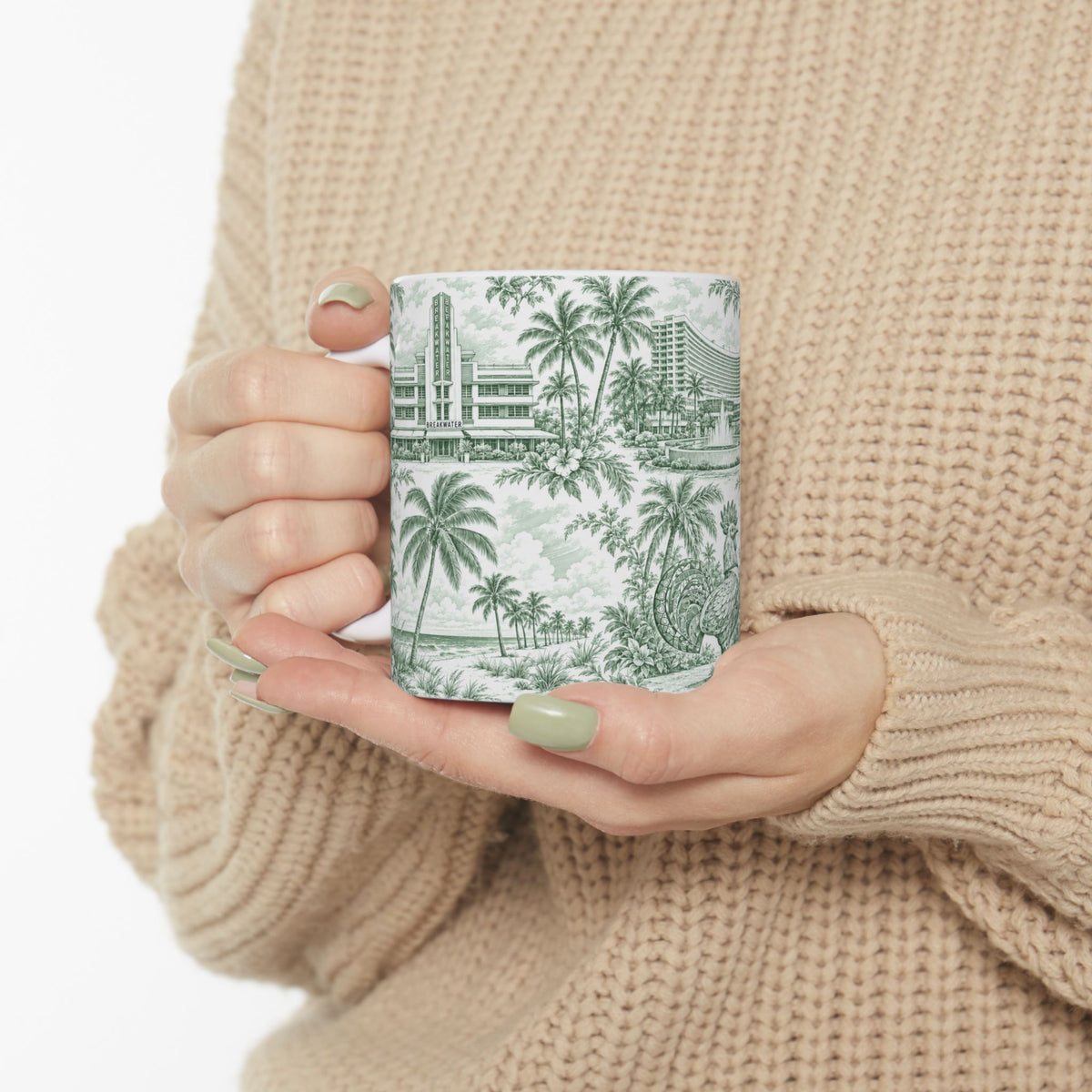Miami Green Toile de Jouy Ceramic Mug — Vintage Palm Florida Chinoiserie 11oz