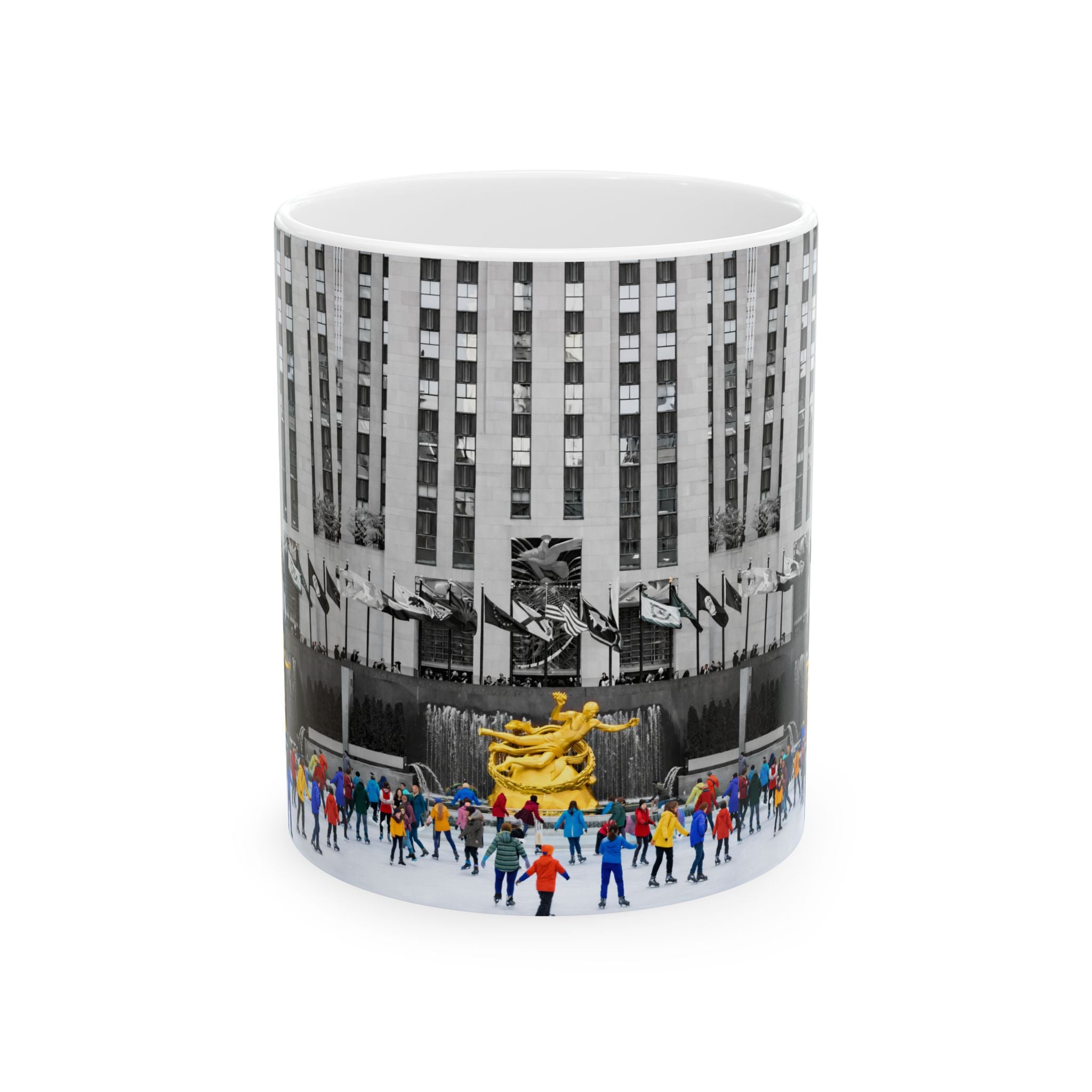 Rockefeller Center Ice Skating Scene Mug | NYC Gold Prometheus Ceramic Coffee Cup