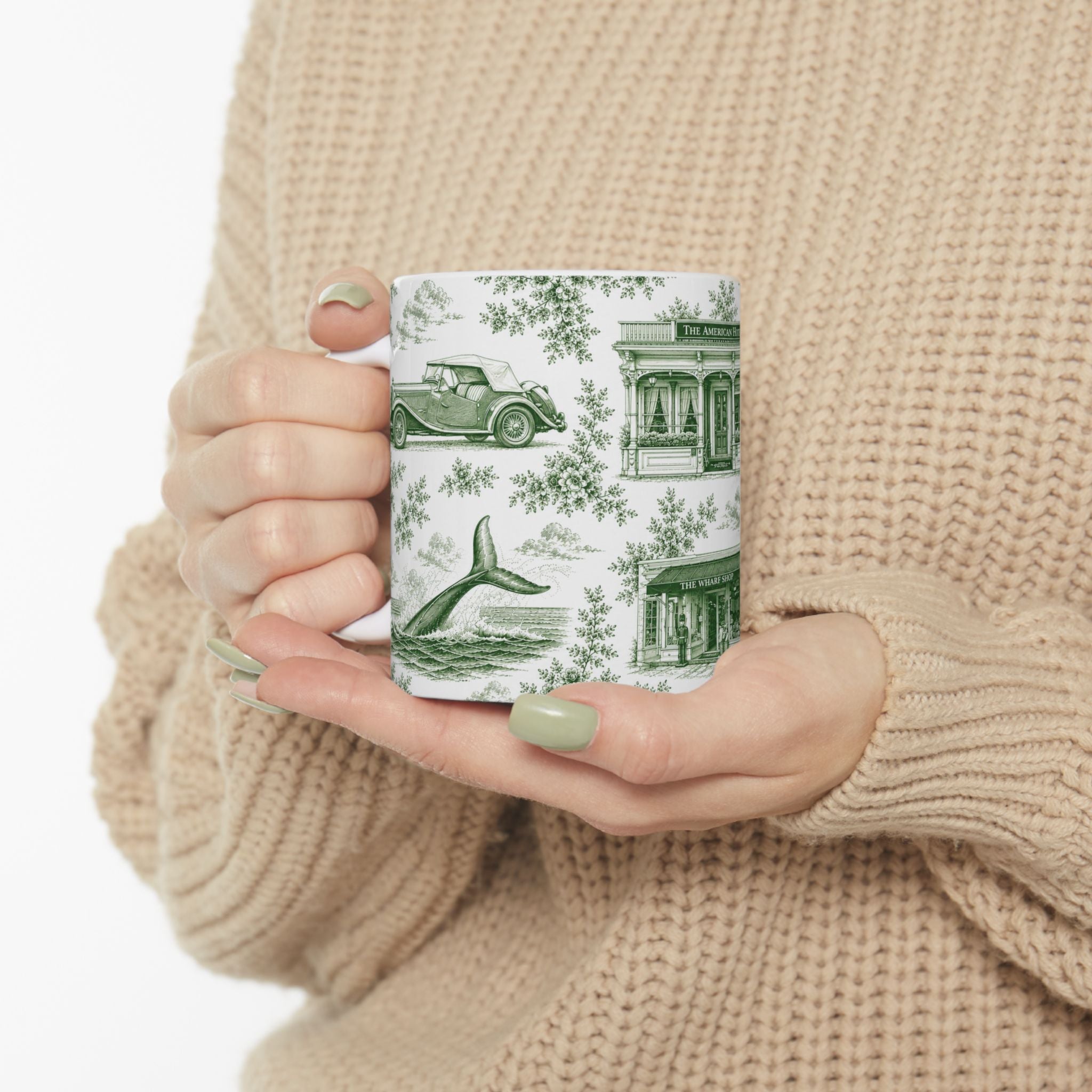 Sag Harbor Green Toile de Jouy Mug | Hamptons Chinoiserie Ceramic Coffee Cup